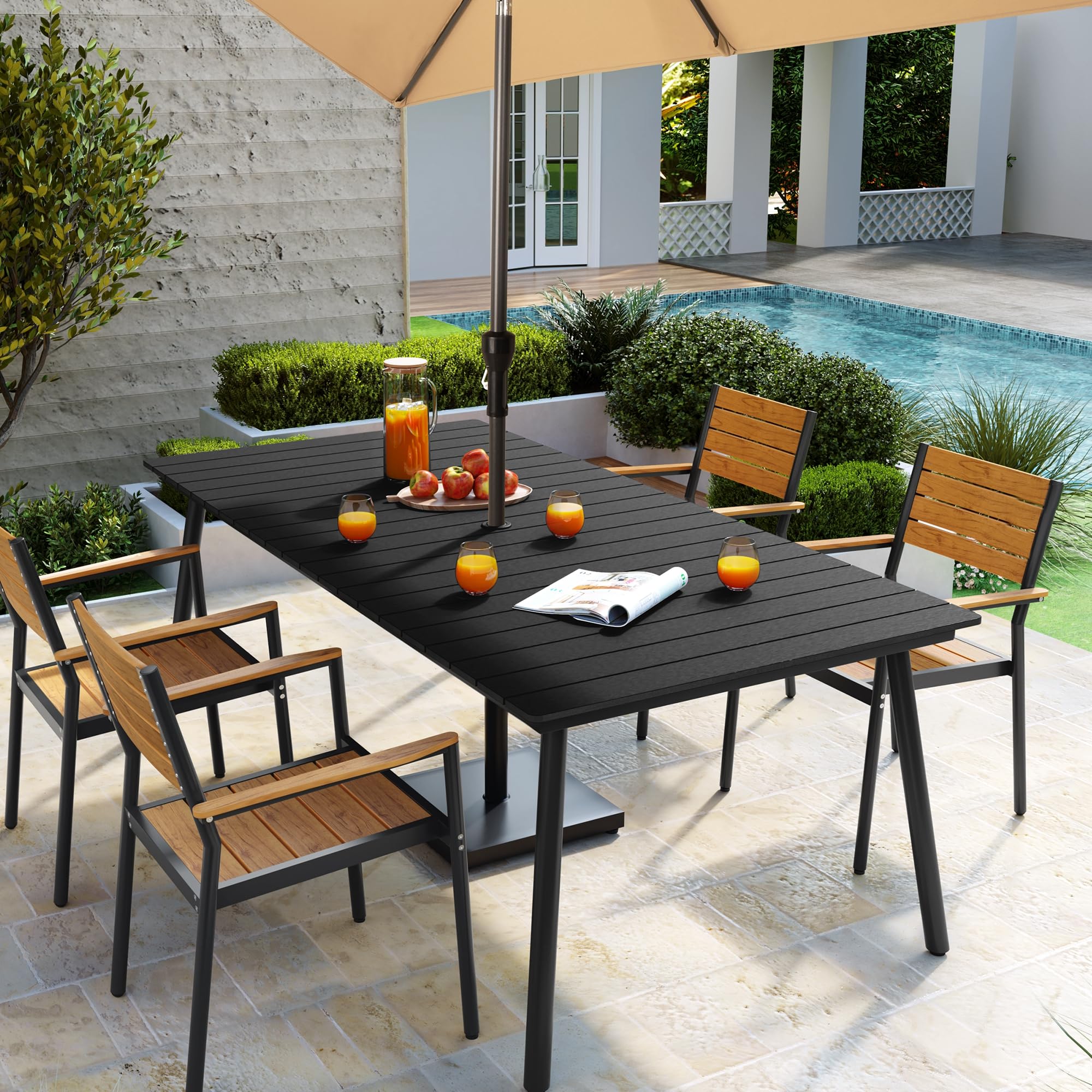 VredHom Outdoor Dining Table, 82.7 inch Patio Dining Table with Wooden-Like Top and Aluminum Frame, Rectangular Table with Umbrella Hole Outdoor Furniture, Black