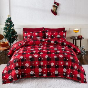 christmas comforter set queen size 7 piece red plaid snowflake bedding set bed in a bag revesible lightweight microfiber winter down alternative bed set with pillowcases & shams,sheets for girls boys