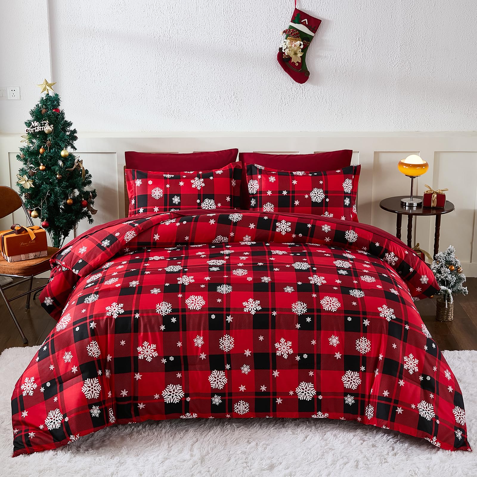 Christmas Comforter Set Queen Size 7 Piece Red plaid Snowflake Bedding Set Bed in a Bag Revesible Lightweight Microfiber Winter Down Alternative Bed Set with Pillowcases & Shams,Sheets for Girls Boys