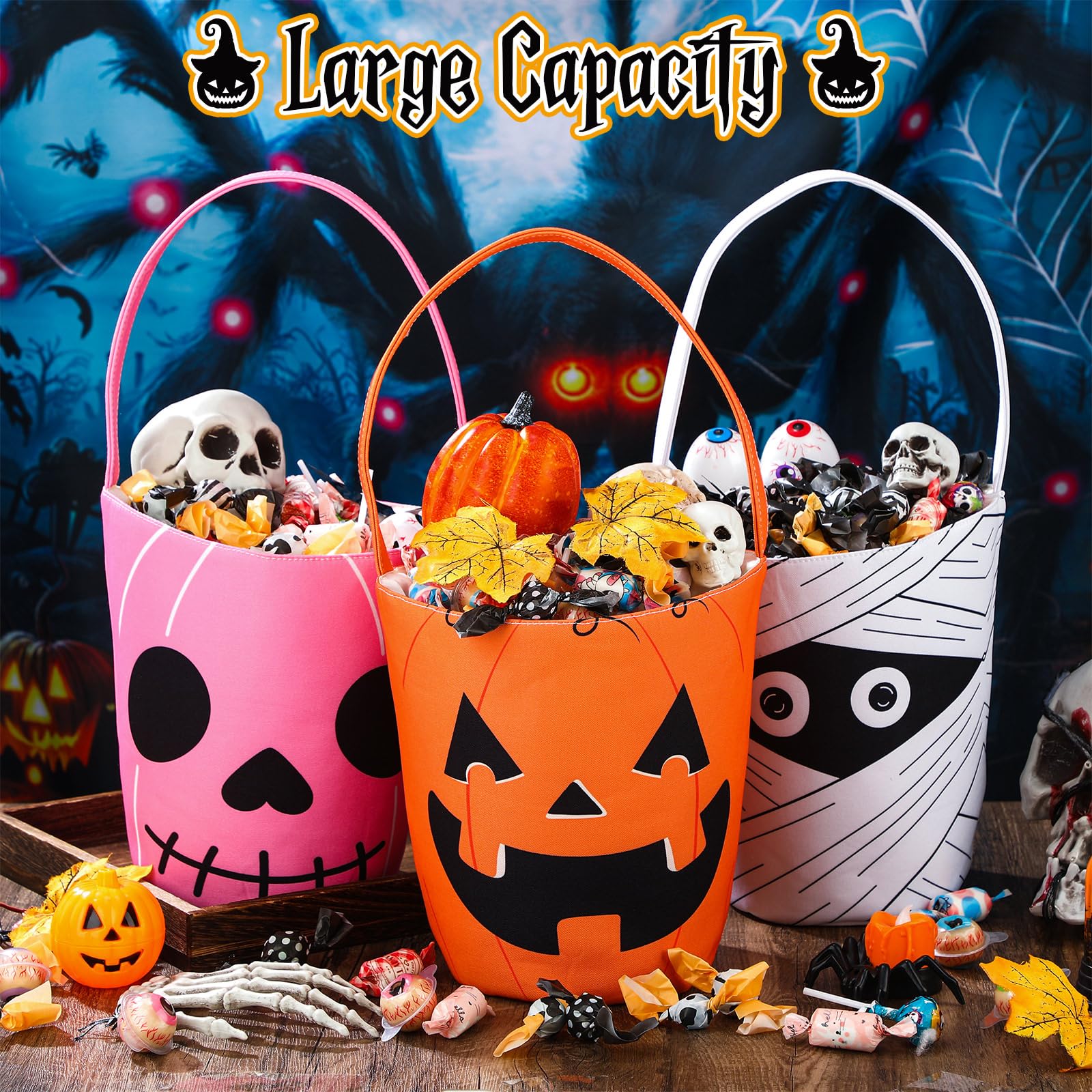 BBTO 3 Pieces Halloween Trick or Treat Bucket Candy Basket Canvas Halloween Party Tote Bags Goody Bucket for Kids Halloween Party Supplies (Halloween Cute Face)