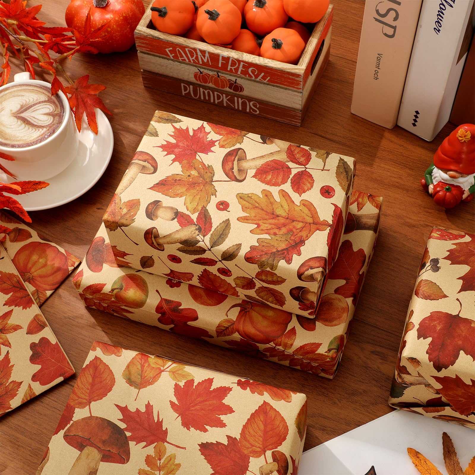 JarThenaAMCS 12 Sheets Fall Kraft Wrapping Paper - Not Roll - Maple Leaves Pumpkin Mushroom Gift Wrap Paper Folded Flat for DIY Craft Autumn Thanksgiving Harvest Party, 19.7 x 27.6 Inch