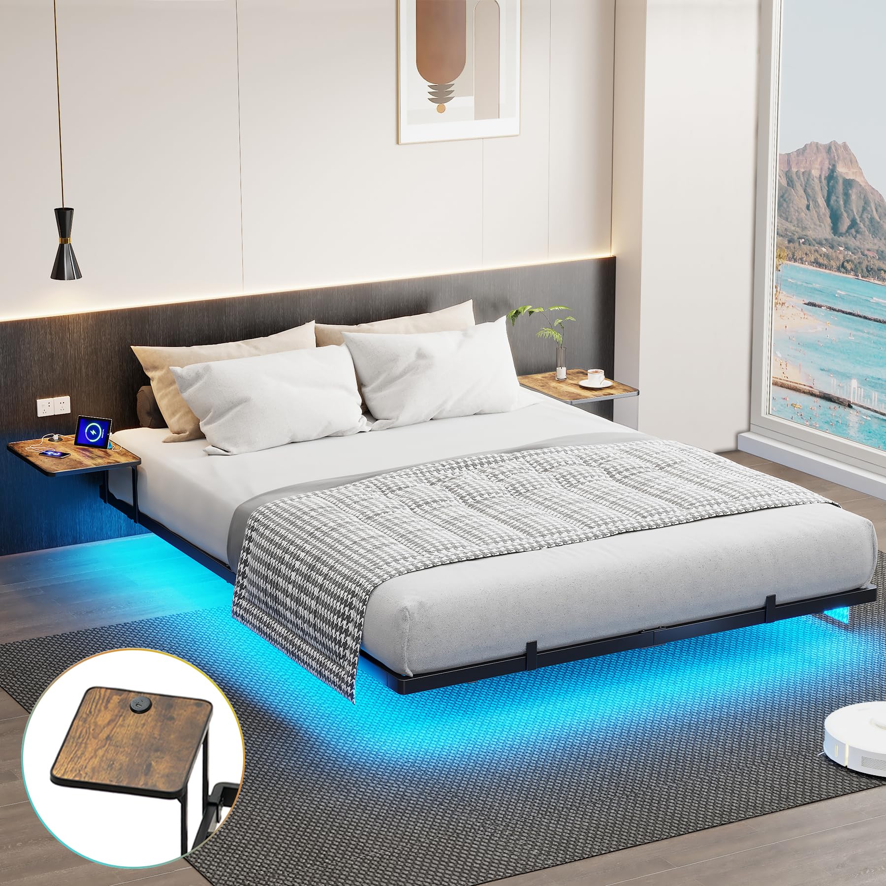 Bigu Floating Bed Frame with LED Lights Metal Platform with 2 Bedside Tables and Charging Station, Queen