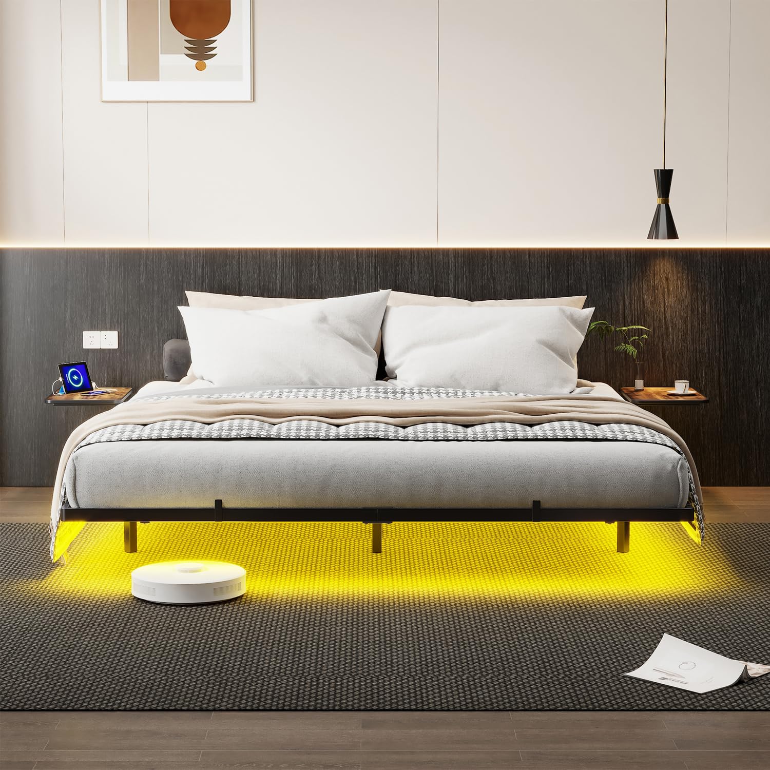 Bigu Floating Bed Frame with LED Lights Metal Platform with 2 Bedside Tables and Charging Station, Queen