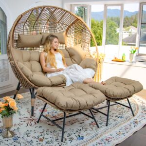 bulexyard double pe wicker stationary egg chair with legs patio 2 person loveseat chair indoor outdoor oversized pe rattan lounge chair for garden balcony (brown/brown, double egg chair with ottoman)