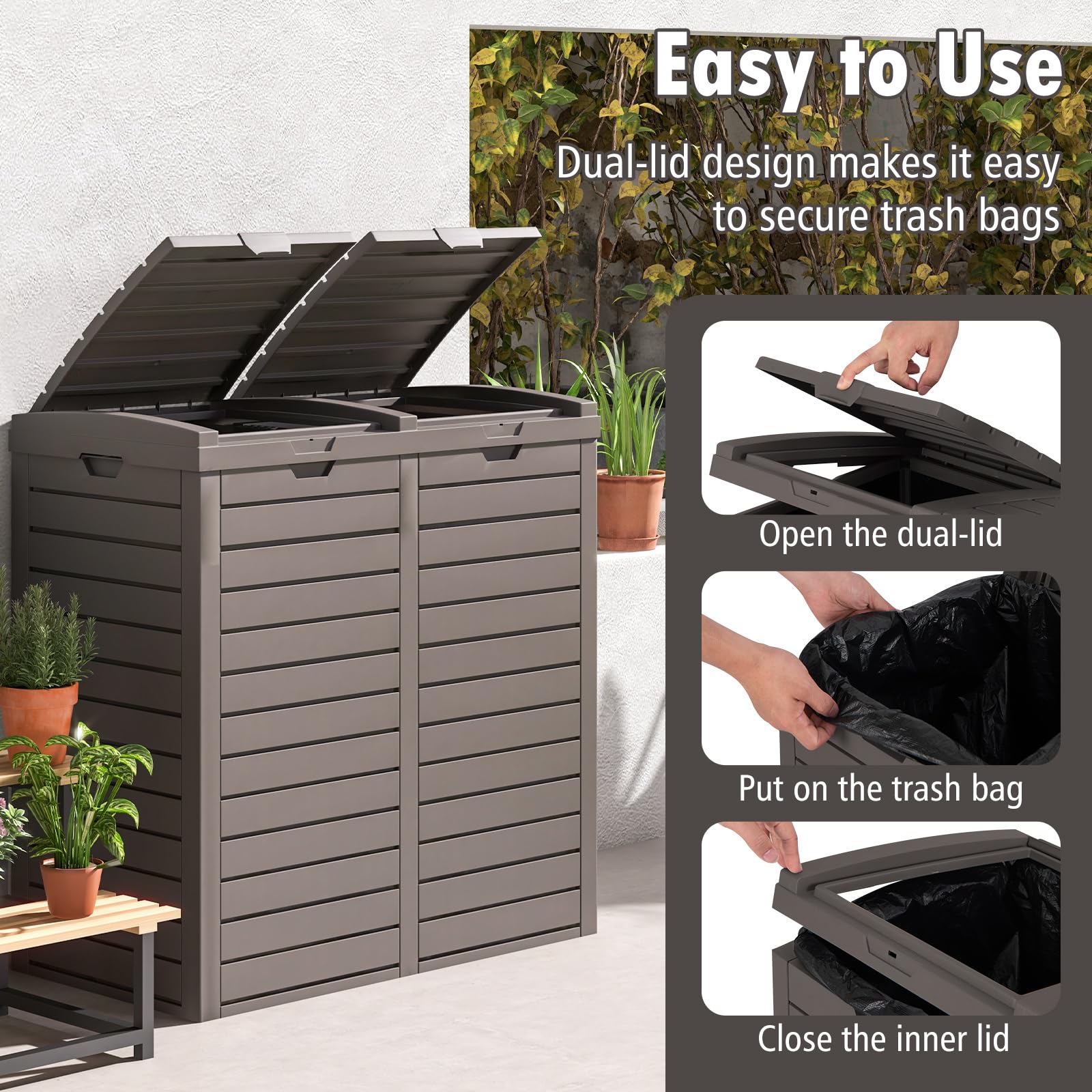 CLEEMAN Dual Outdoor Trash Can, 62 Gallon Trash Bin with Dual Lid & Drip Trays, Garbage Can with Lid Patio Backyard Deck & Kitchen