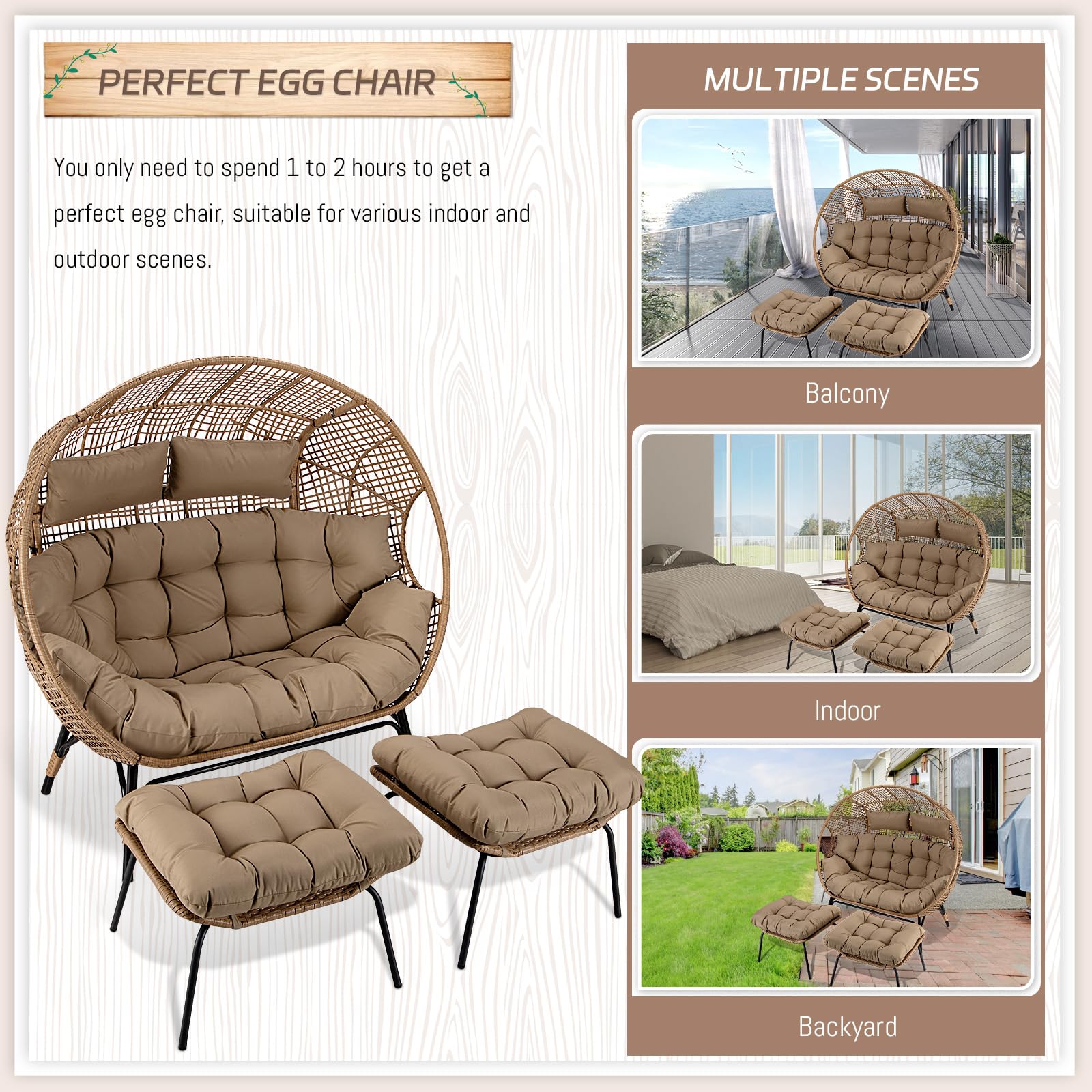 BULEXYARD Double PE Wicker Stationary Egg Chair with Legs Patio 2 Person Loveseat Chair Indoor Outdoor Oversized PE Rattan Lounge Chair for Garden Balcony (Brown/Brown, Double Egg Chair with Ottoman)