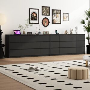 Black Dresser for Bedroom, 63 Inch Long 9 Drawers Dresser with Charging Station, Modern Large Wood Chest of Drawers Handle Free, Dresser for Bedroom, Living Room, Entryway, Hallway, Black