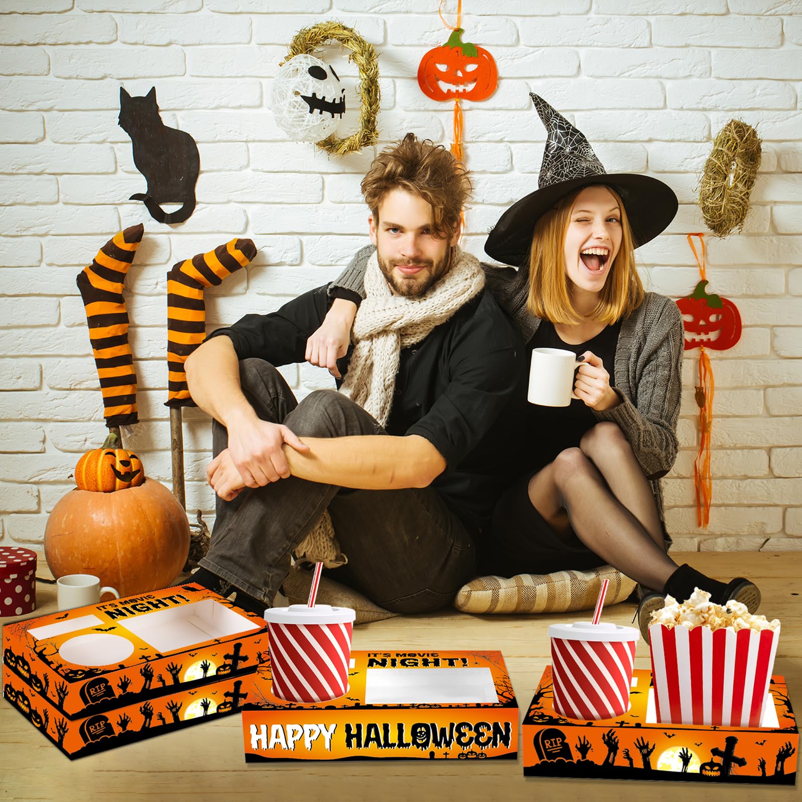 QOUBAI 32Pcs Halloween Party Supplies Movie Night Paper Snacks Boxes Halloween Movie Theater Snack Tray Party Decorations Movie Popcorn Drink Holder Set for Halloween Birthday Trick or Treat Party