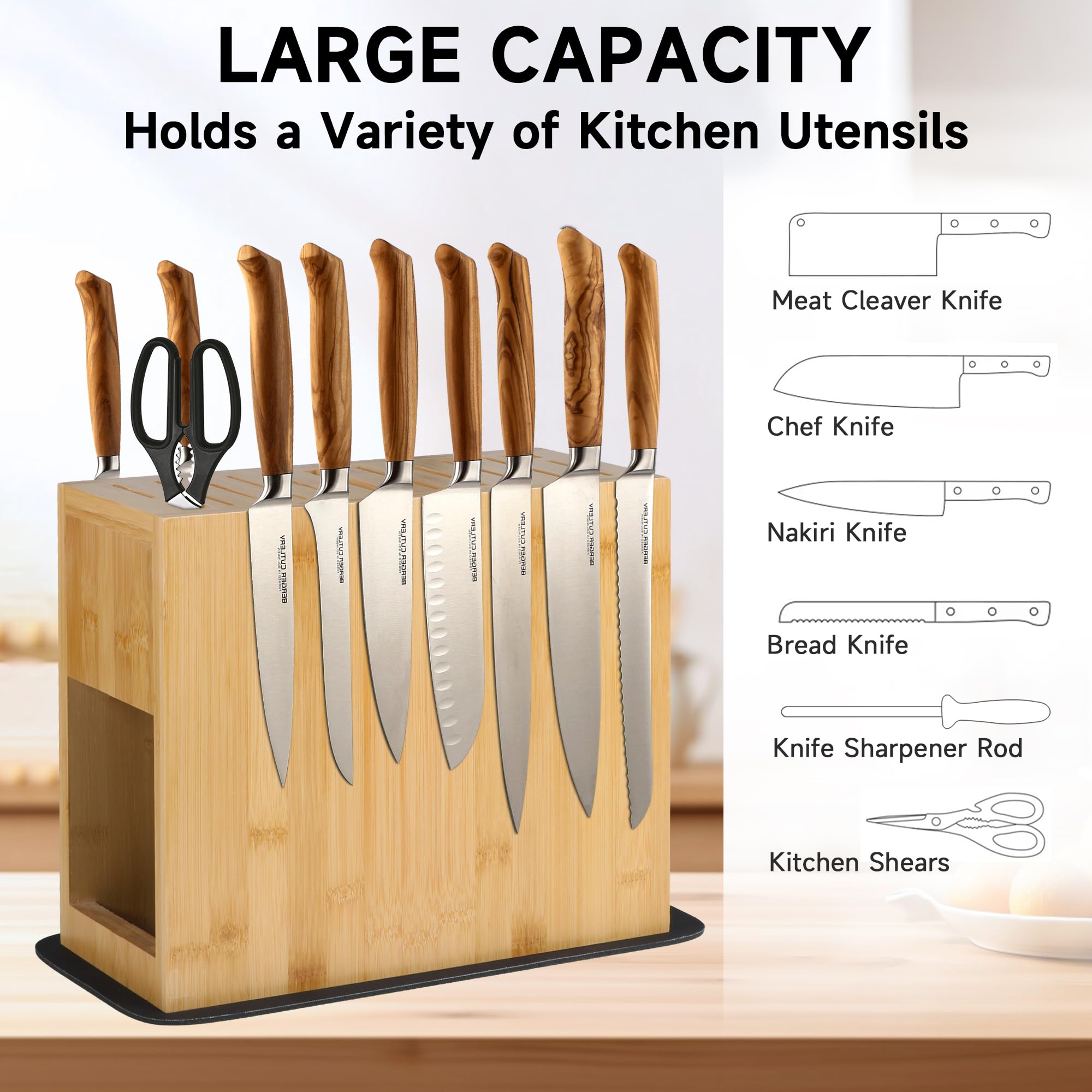 Magnetic Knife Block - Storage Up to 26 knives, Double Sided Magnetic Knife Holder Rack for Kitchen Counter, Bamboo Wood Magnetic Knife Storage Stand with Absorbent Protection Pad, without Knives