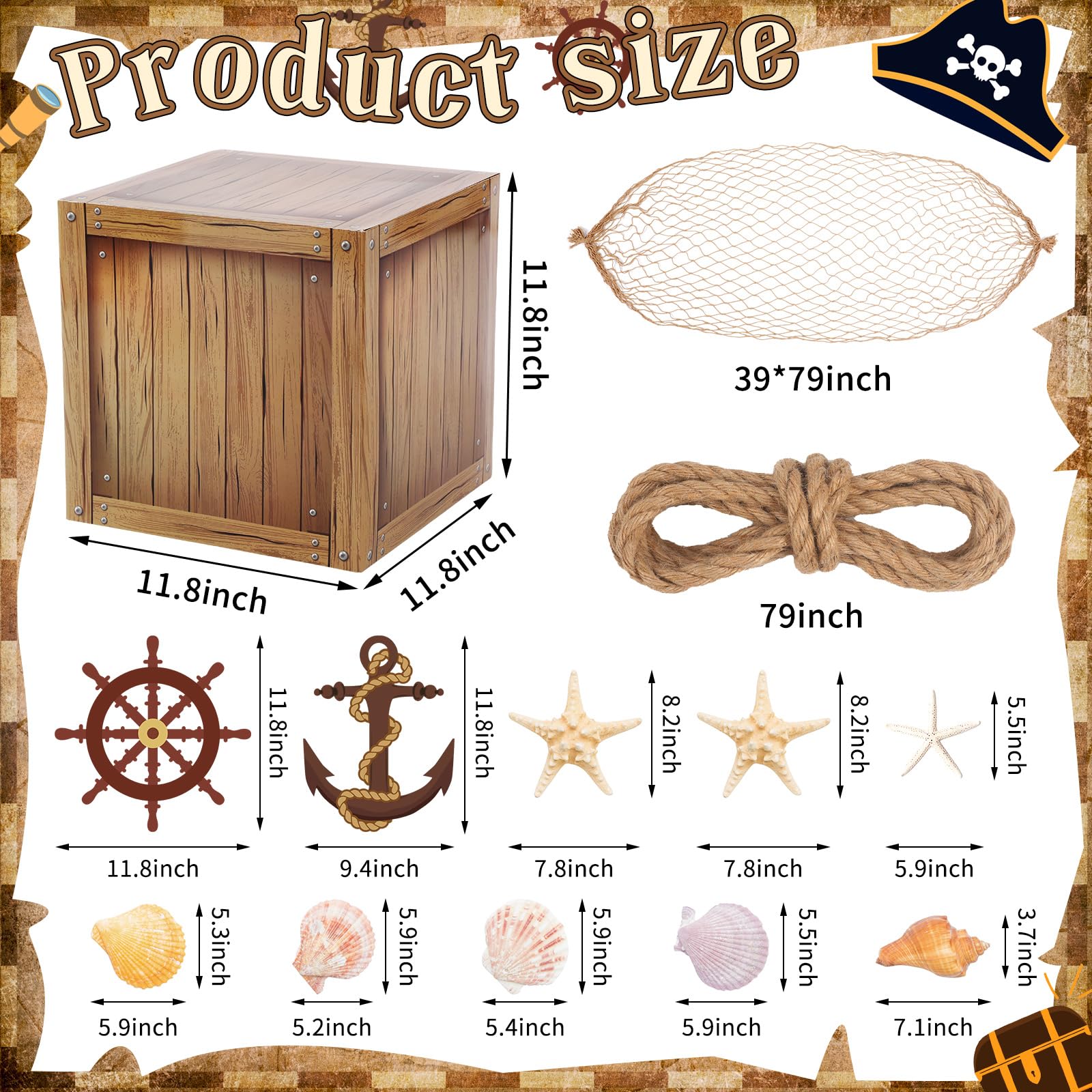 JellyArch 18 Pcs Pirate Party Decorations Imitation Wooden Box Pirate Fishing Net Halloween Car Trunk or Treat Decor Pirate Party Favors Adventure Birthday Party Decorations Photo Booth Props