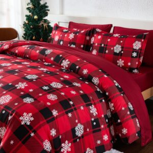 Christmas Comforter Set Queen Size 7 Piece Red plaid Snowflake Bedding Set Bed in a Bag Revesible Lightweight Microfiber Winter Down Alternative Bed Set with Pillowcases & Shams,Sheets for Girls Boys