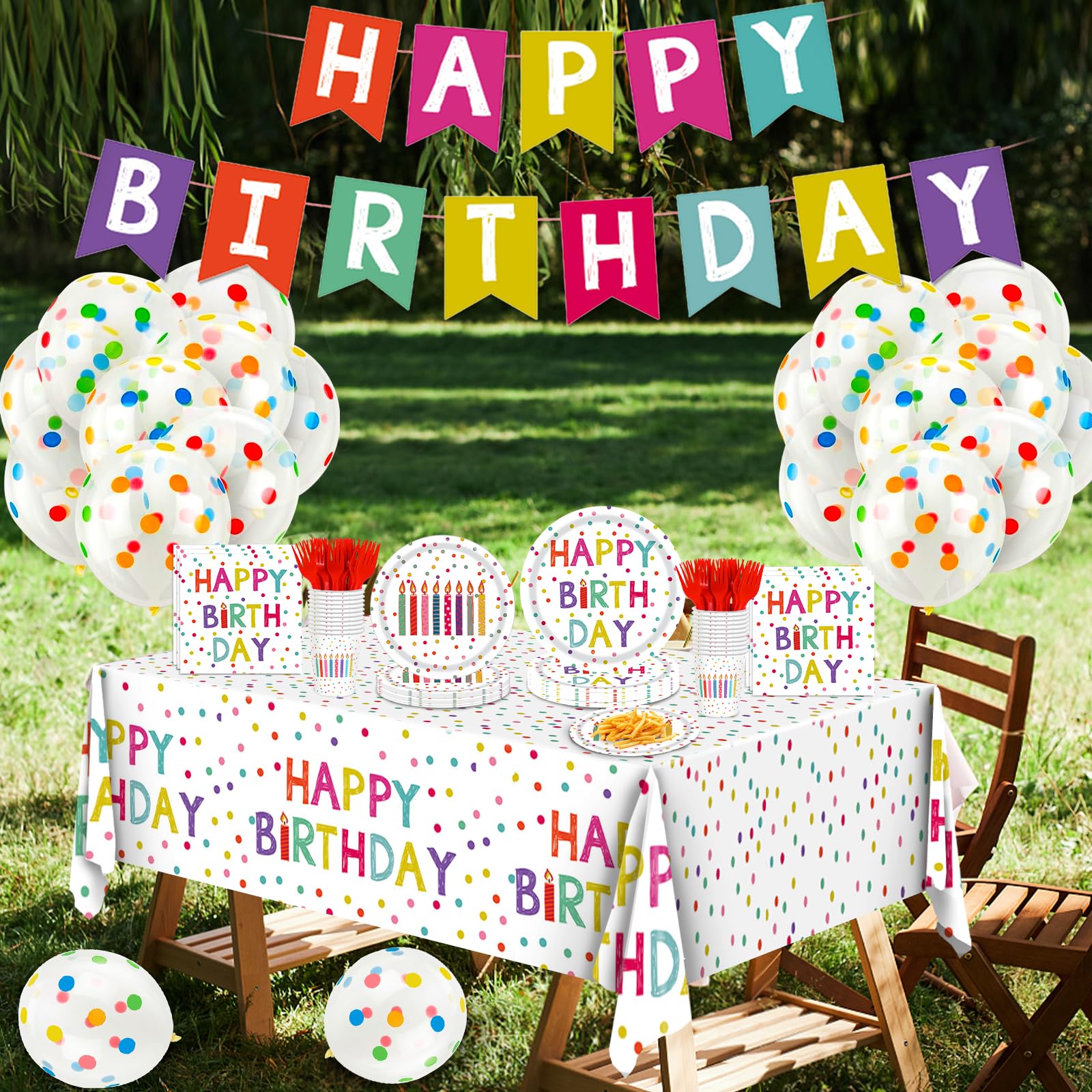 Birthday Party Decorations, 138Pcs Polka Dots Happy Birthday Party Supplies-Serves 24 with Birthday Plates and Napkins Birthday Banner Tablecloth for Boys Girls Birthday Party Decorations