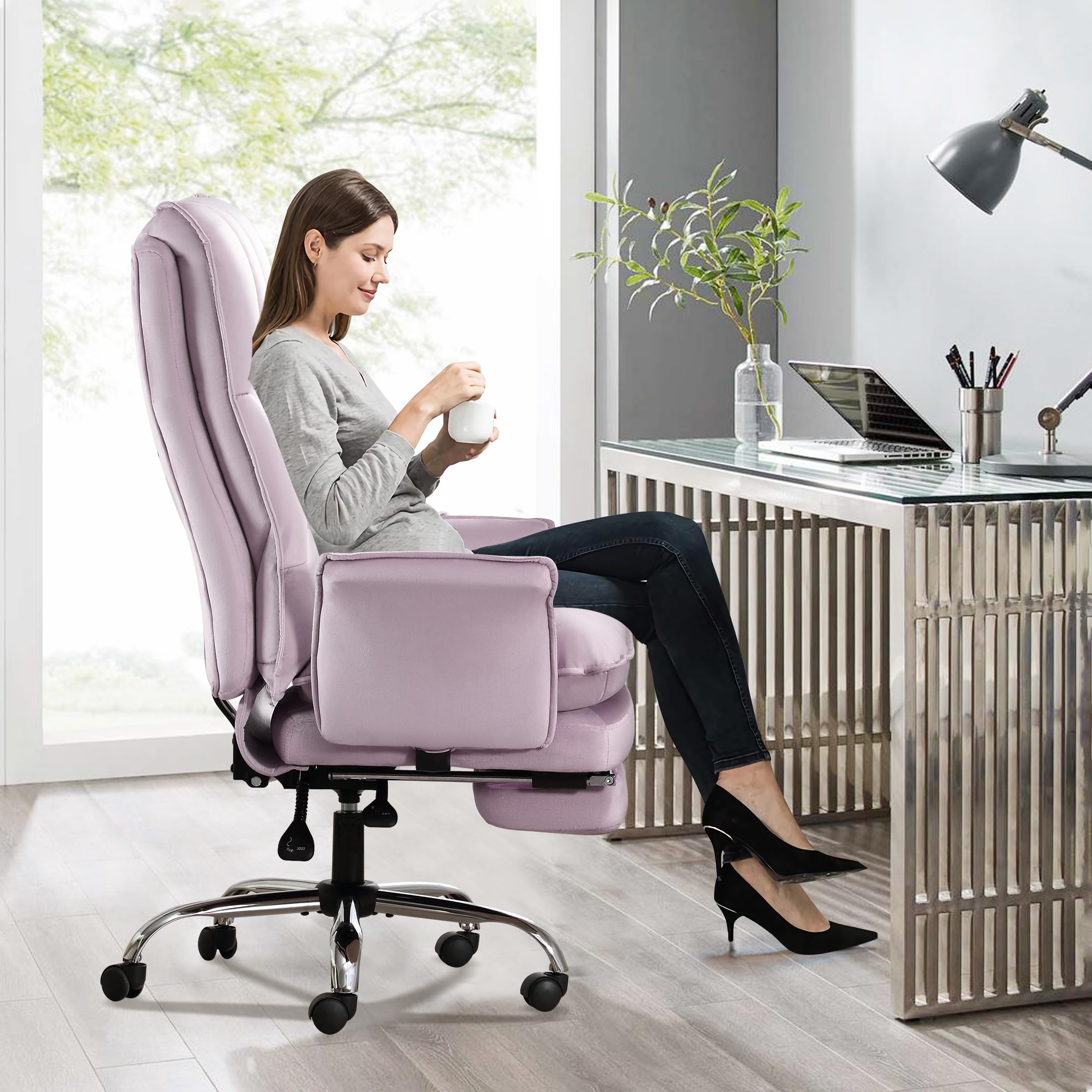 BOSMILLER Office Chair, Modern Home Office Desk Chairs with Wheels and Retractable Footrest, Adjustable Backrest Velvet High Back Office Chair, Computer Chairs for Bedroom (Light Purple)