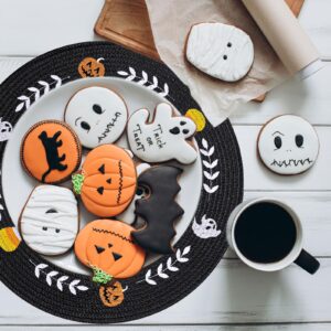 Whaline 4Pcs Round Halloween Placemats Embroidered Ghost Pumpkin Candy Corn Place Mats Black Spooky Dinner Table Mats for Halloween Party Decor