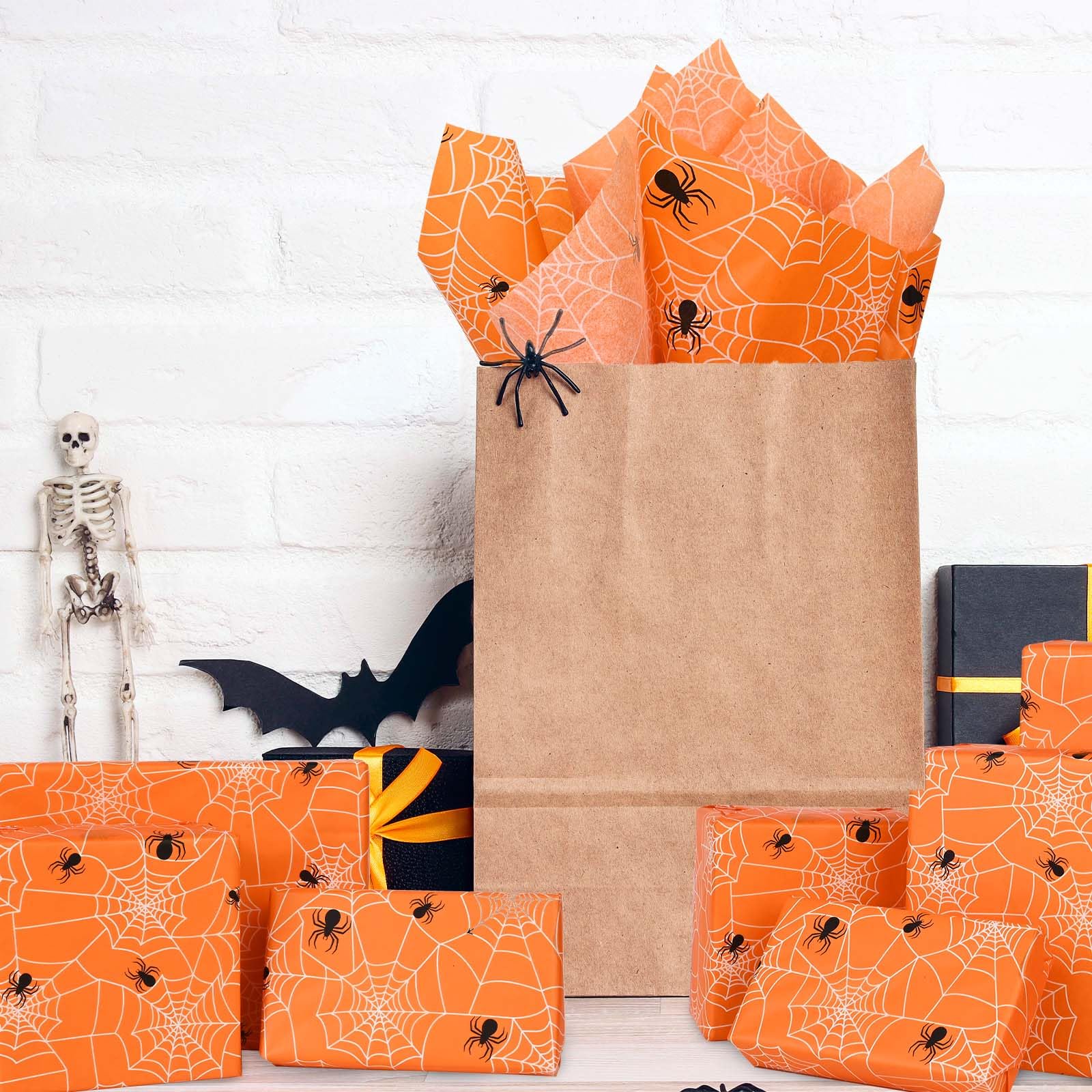 Bolsome 100 Sheets Halloween Tissue Paper for Gift Wrapping Orange Black Spider Web Printed Tissue Paper for Gift Bags Spooky Design Decorative Tissue for Halloween Party DIY Craft