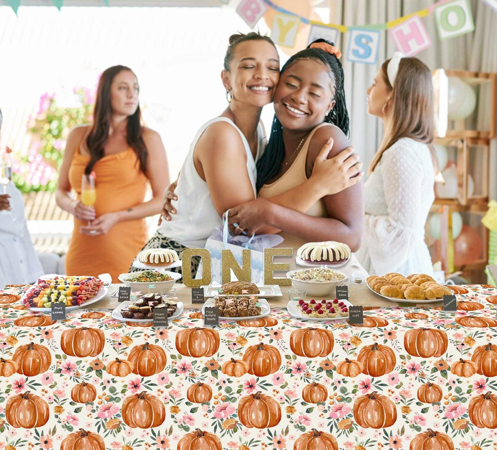 3 Pack Pumpkin Tablecloths Baby Shower Table Cover, Fall Thanksgiving Autumn Harvest Pumkpin Baby Shower Decorations, 108" x 54" Floral Little Pumpkin Birthday Party Supplies for Boys Girls