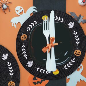 Whaline 4Pcs Round Halloween Placemats Embroidered Ghost Pumpkin Candy Corn Place Mats Black Spooky Dinner Table Mats for Halloween Party Decor