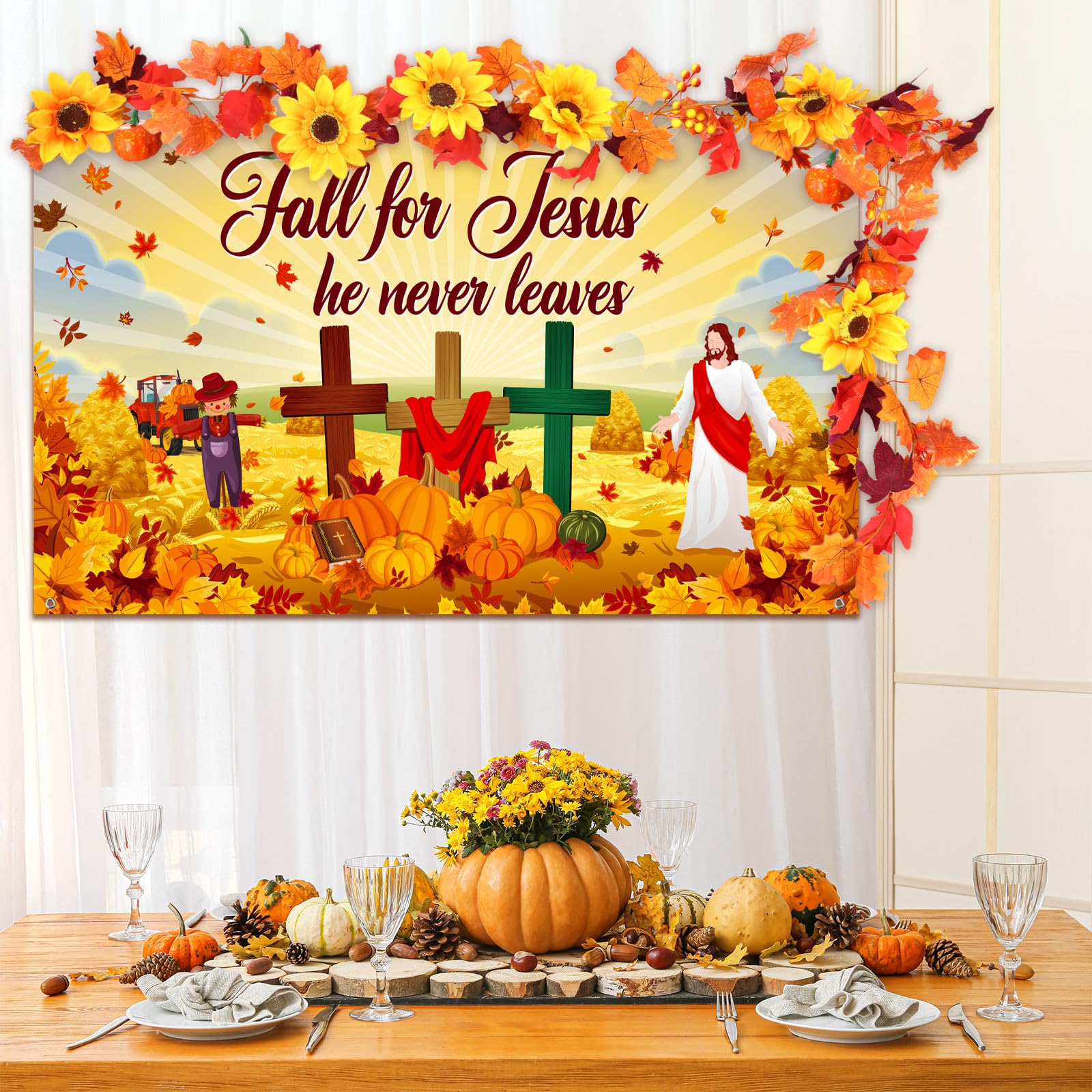 Tiamon Halloween Trunk or Treat Car Decoration Kit, Fall for Jesus Backdrop Thanksgiving Archway Garage Decorations Christian Bible Religions Banner Autumn Harvest Fall Car Decor Supplies