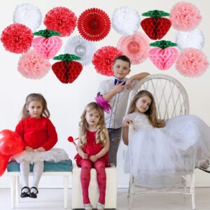 24PCS Strawberry Party Decorations Set Strawberry Honeycomb Balls Fans Lantern Tissue Pom Poms Garland Hanging Swirl Red Pink Banner Girl Baby Shower Bridal Berry First Birthday Decor Supplies