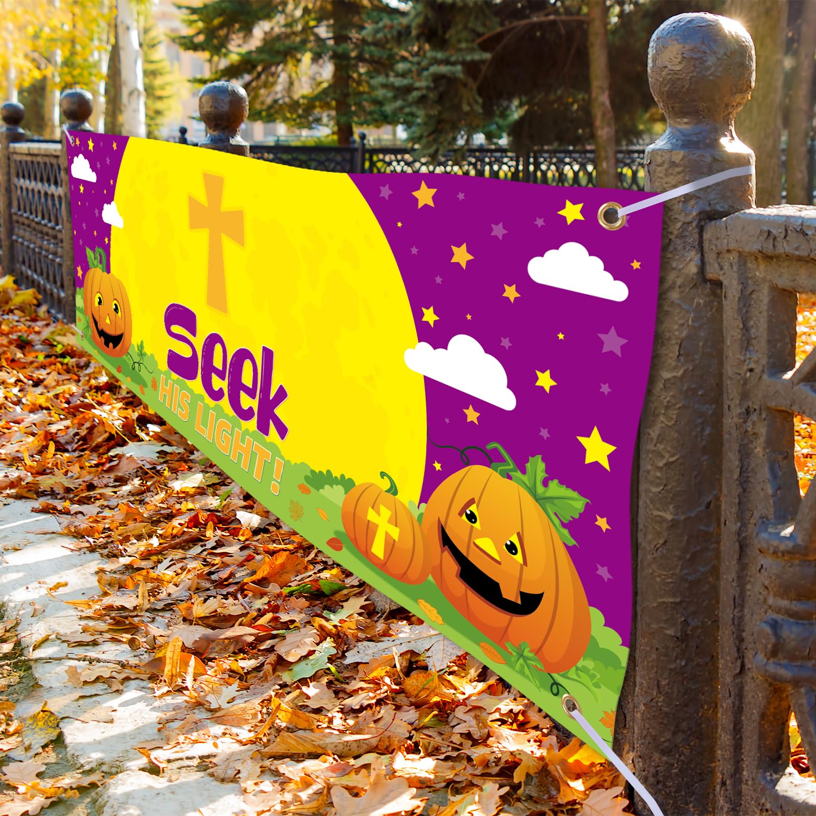 SmoothNovelty Halloween Christian Pumpkin Backdrop Banner Seek His Light Banner Religious Halloween Decoration Church Theme Party Banner for Halloween Fall Outdoor Sunday School Decor, 50 x 20 Inch