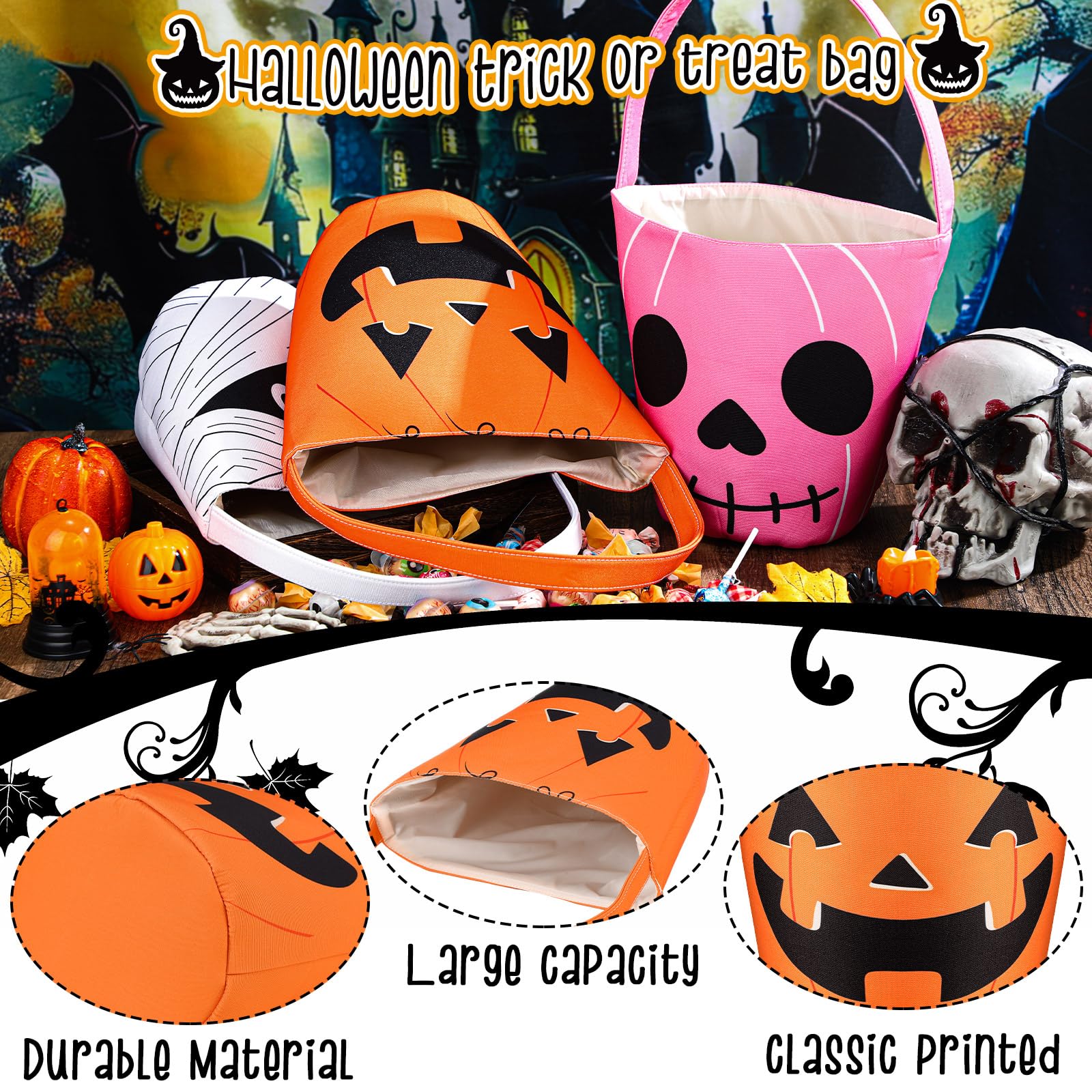 BBTO 3 Pieces Halloween Trick or Treat Bucket Candy Basket Canvas Halloween Party Tote Bags Goody Bucket for Kids Halloween Party Supplies (Halloween Cute Face)