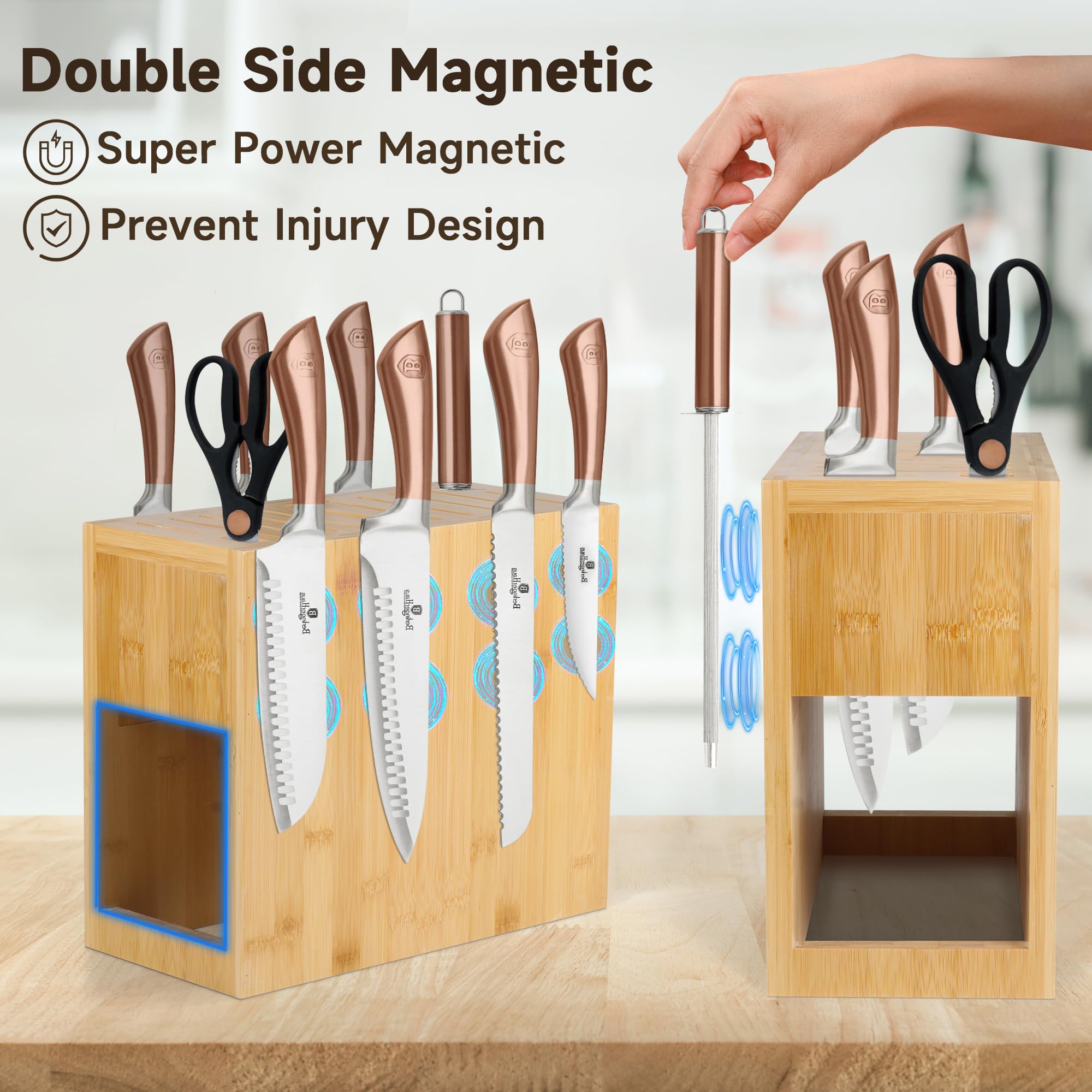 Magnetic Knife Block - Storage Up to 26 knives, Double Sided Magnetic Knife Holder Rack for Kitchen Counter, Bamboo Wood Magnetic Knife Storage Stand with Absorbent Protection Pad, without Knives