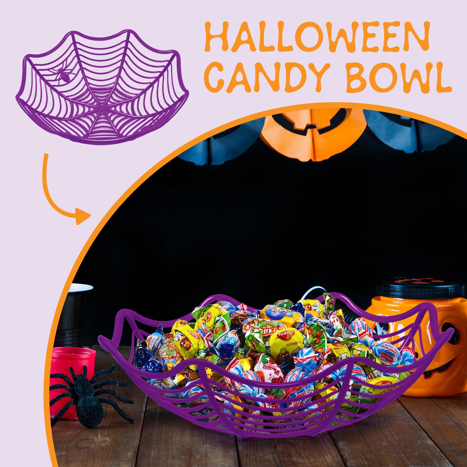 3 Pack Halloween Spider Web Candy Bowls, 11 Inch Plastic Cobweb Design Serving Bowls in Orange, Black, and Purple for Halloween Party Decor, Trick-or-Treating, Food Candy Trays, and Table Centerpieces