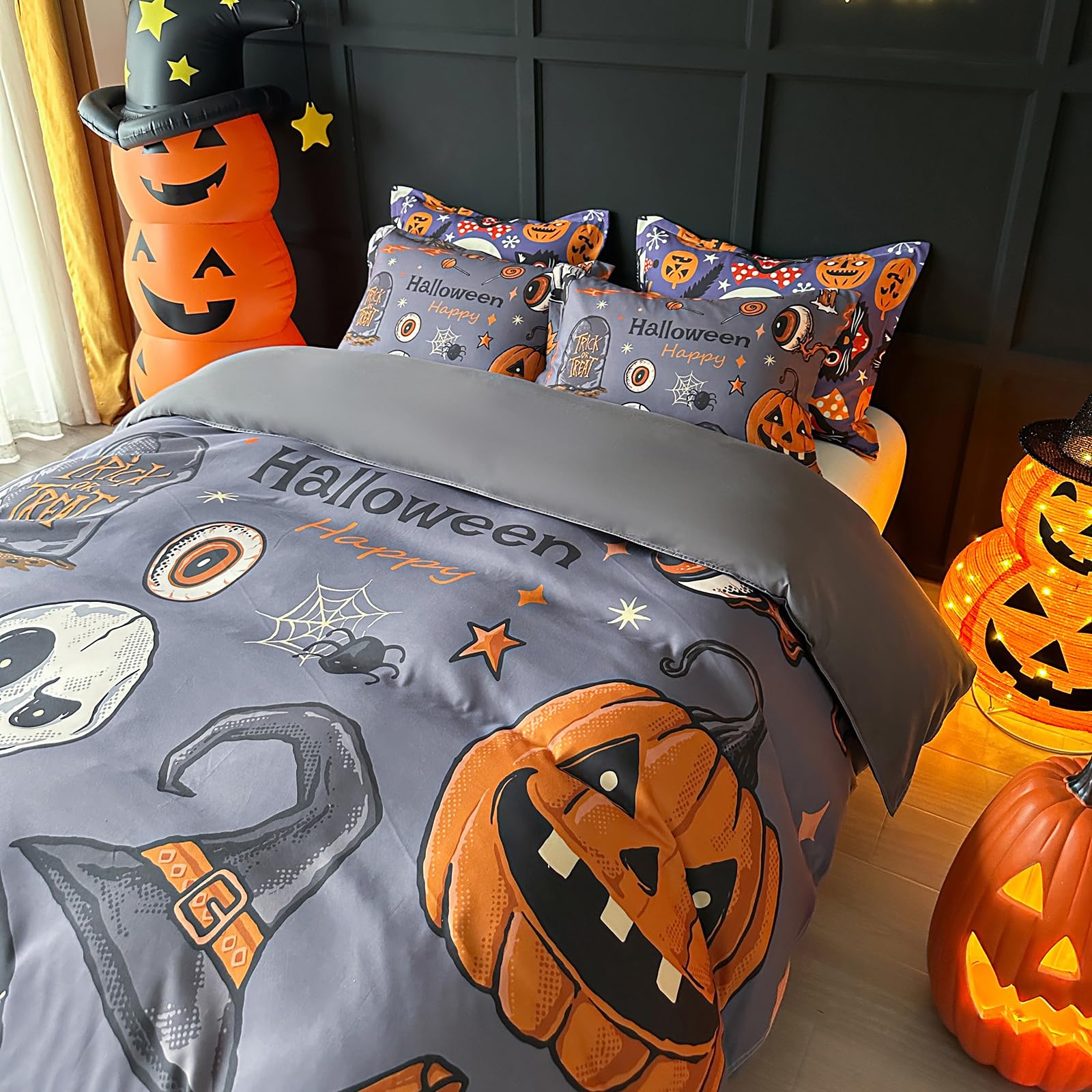 Halloween Duvet Cover Set Twin Size 3 Pieces with 2 Pillow Shams - Gray Halloween Pumpkin Festival Themed Bedding Set with Broom Tombstone Skeleton for Kids Boys Girls Teens Bedroom Decor