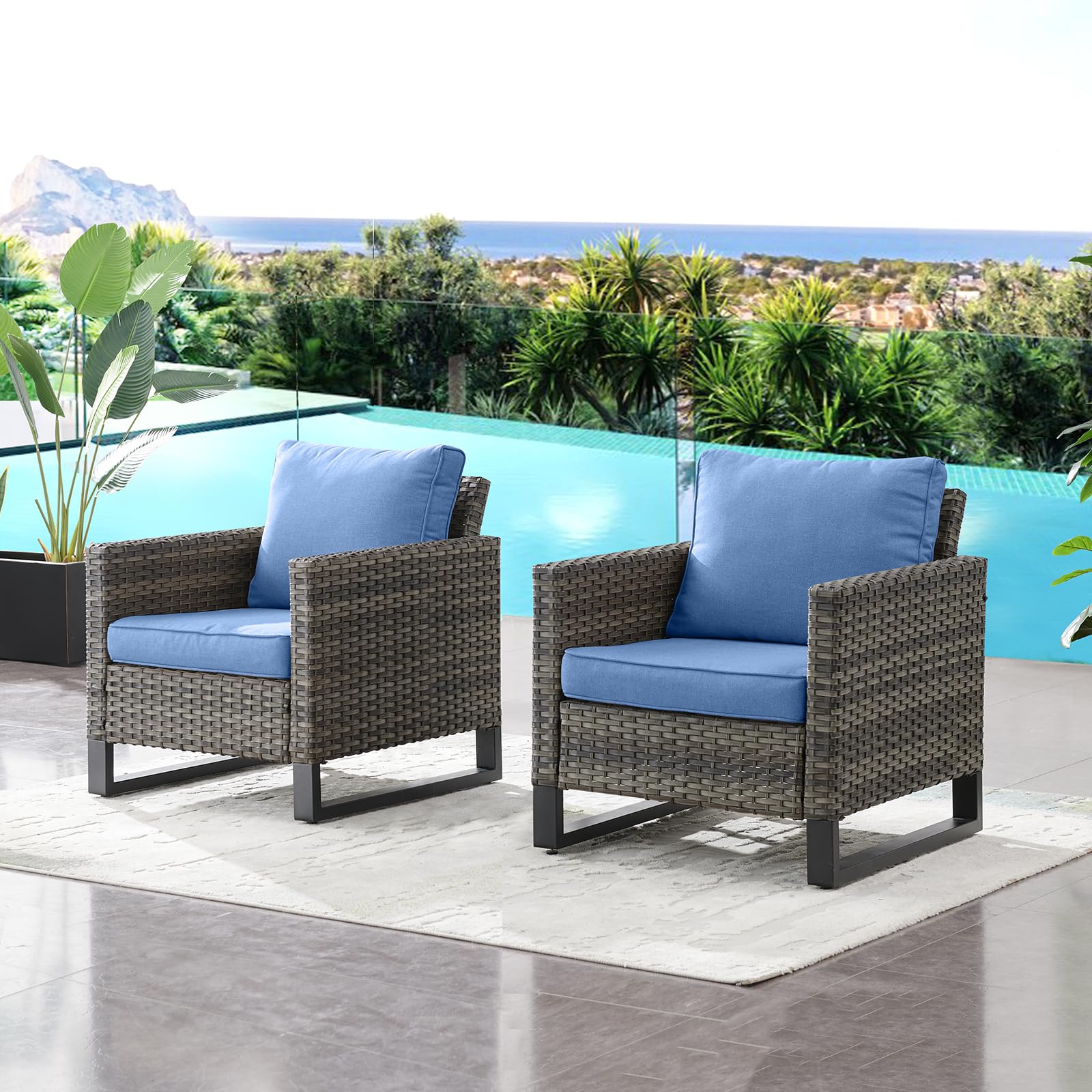 HUMMUH Patio Chairs Set of 2 PE Wicker Outdoor Dining Chairs High Back Deep Seating Porch Chairs with 4inch Seat Cushions