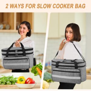 Kahami 2 Layer Slow Cooker Carrying Bag, Compatible with 6-8 Quarts Oval Crock-pot, Insulated Slow Cooker Travel Carrier with Lid Fasten Straps, Slow Cooker Bags for Family Gathering Travel, Gray