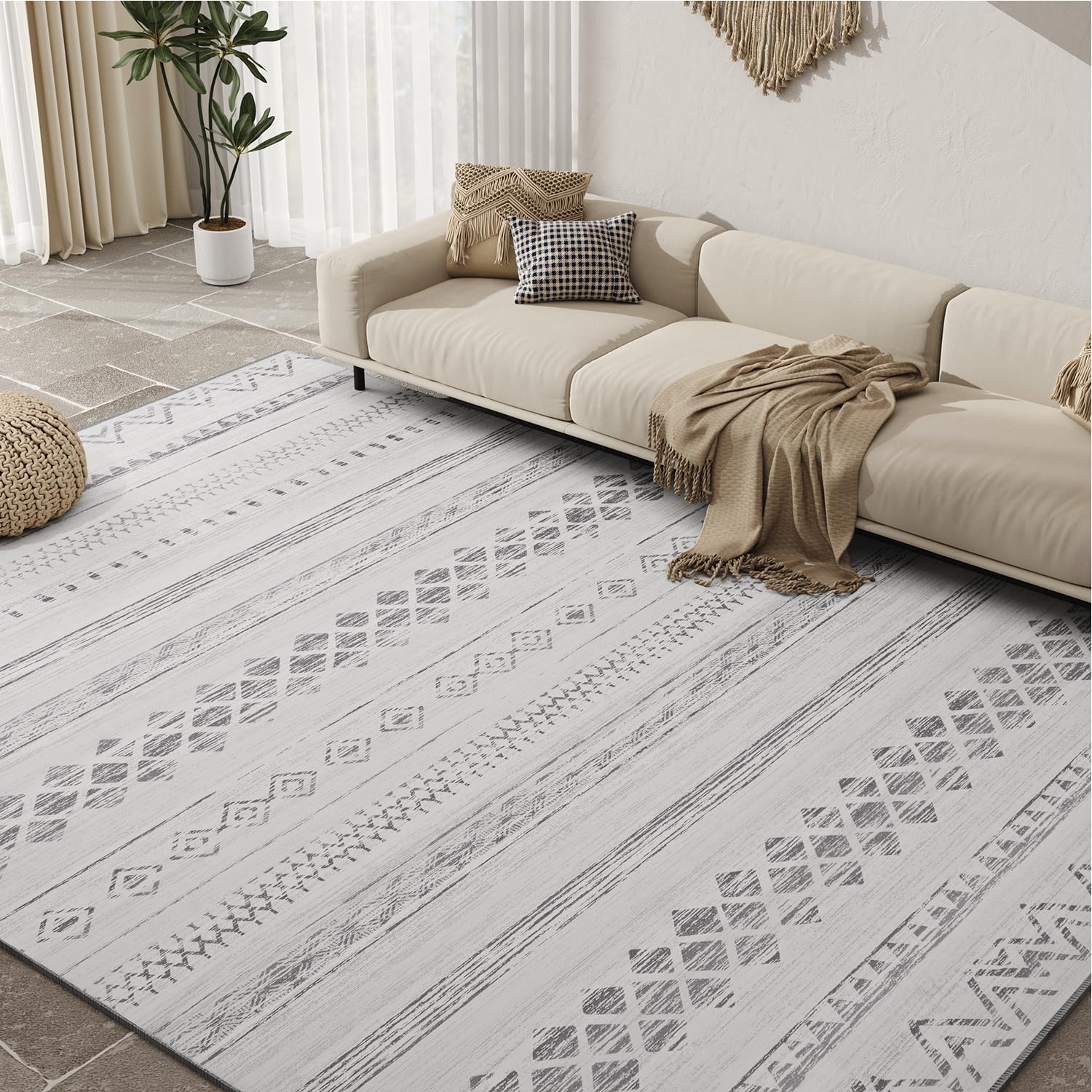 AMOAMI 5x7 Area Rugs for Living Room Rug, Soft Boho Machine Washable Rugs for Bedroom Rug Non Slip Large Living Room Carpet Modern Grey Distressed Neutral Rugs for Playroom Office Dining Room Rug