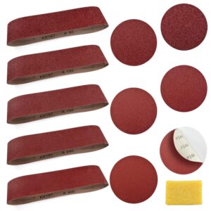 4 x 36 inch sanding belts, (80/120/150/240/400 grit) 10 pcs aluminum oxide belt sander paper and 12 pcs 6”psa self adhesive sticky back sanding discs for power combination disc & belt sanders