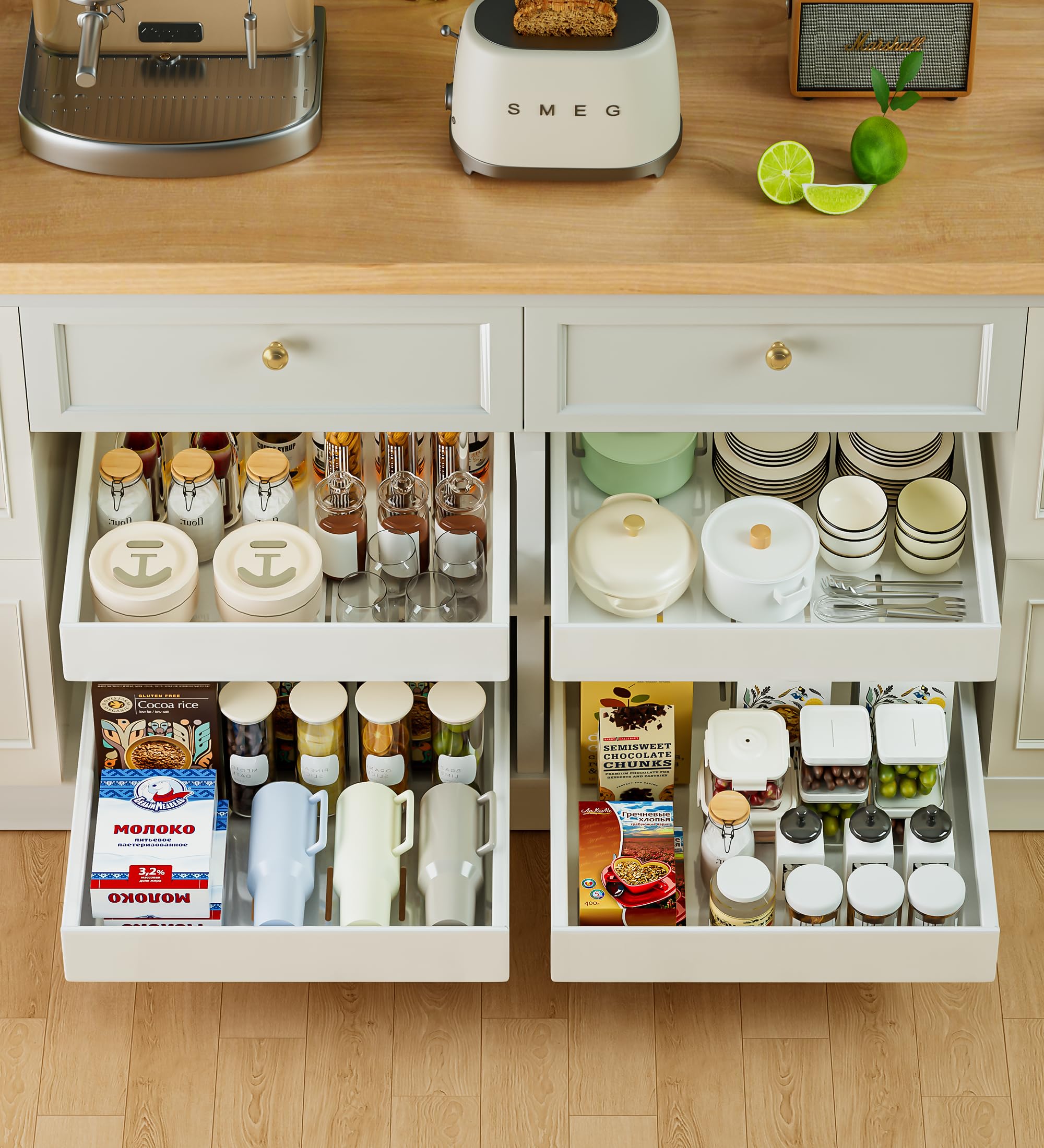 2 Pack Pull out Cabinet Organizer 21"D x 12"W, Peel And Stick Slide out Drawers for Kitchen Cabinets, Sliding Drawers Cabinet Roll out Shelves for Dishes Storage(White)