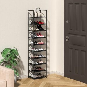 KKEETUR 10 Tier Shoe Rack, Tall Narrow Shoes Rack Storage Organizer 20-25 Pairs Boots Space Saving, Stackable Sturdy Metal Shoe Shelf for Closet, Entryway, Garage, Black