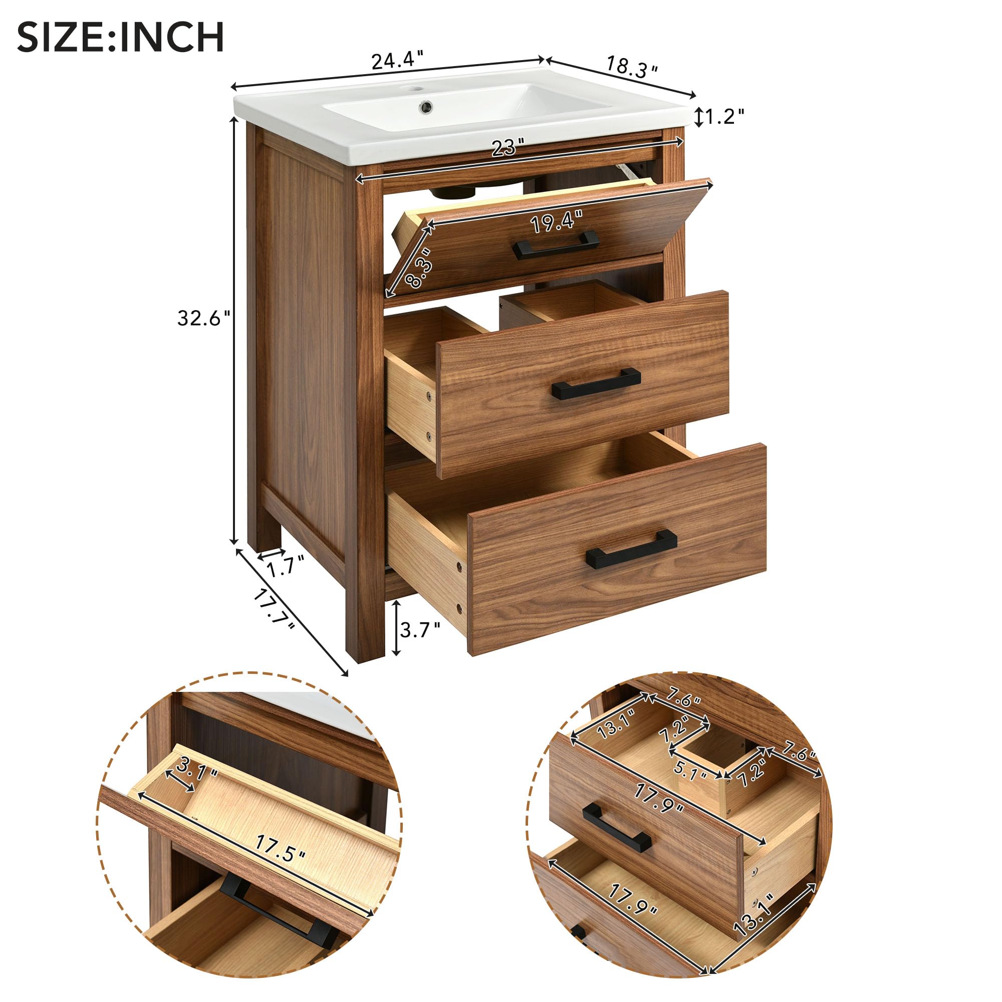 LNRLZYLS 24'' Bathroom Vanity with Ceramic Basin Sink, Modern Freestanding Bathroom Storage Cabinet with 3 Drawers