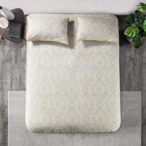 cotton sateen printed duvet cover set queen 90" x 92" with 2 pillow shams 20" x 26" double sided, yellow/grey