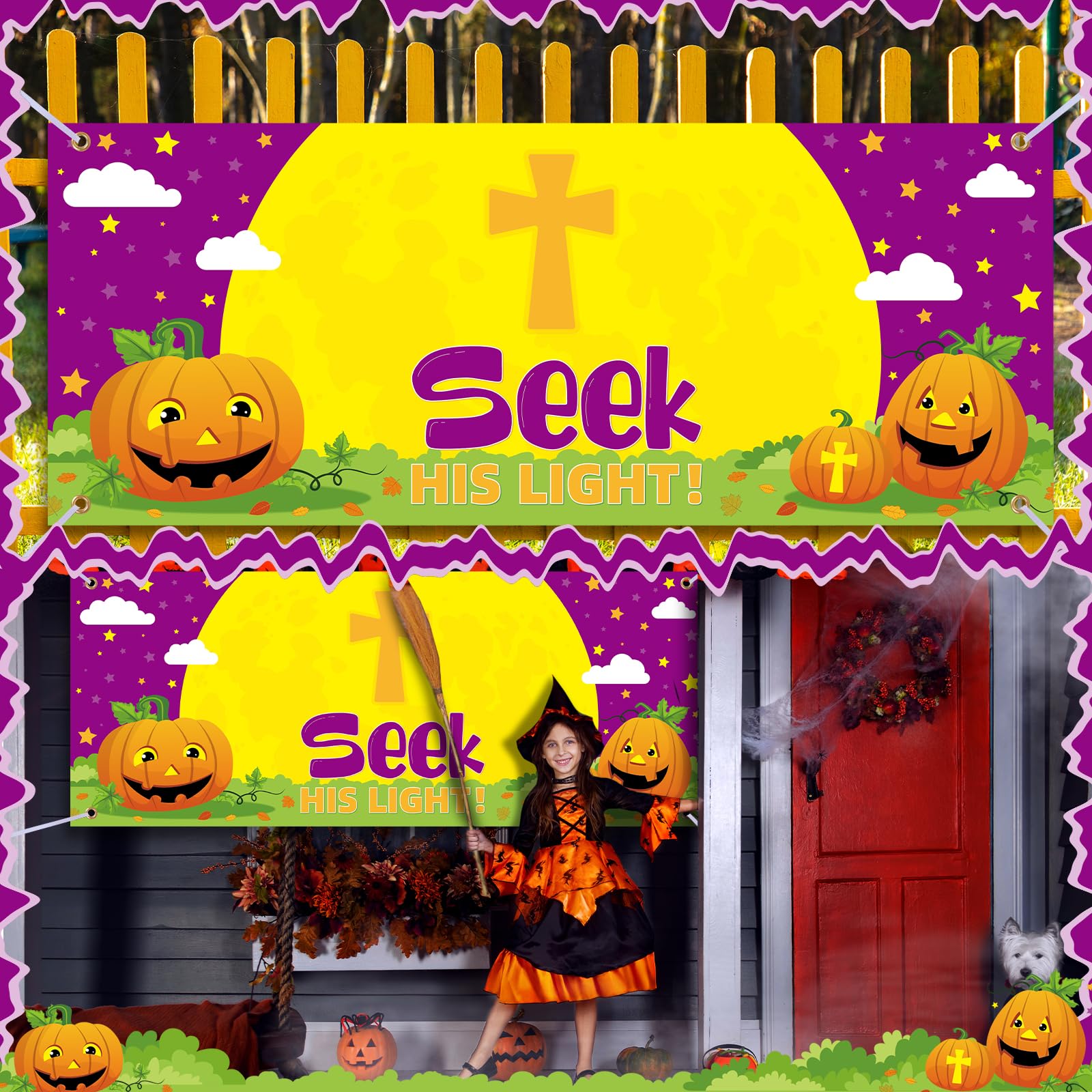 SmoothNovelty Halloween Christian Pumpkin Backdrop Banner Seek His Light Banner Religious Halloween Decoration Church Theme Party Banner for Halloween Fall Outdoor Sunday School Decor, 50 x 20 Inch