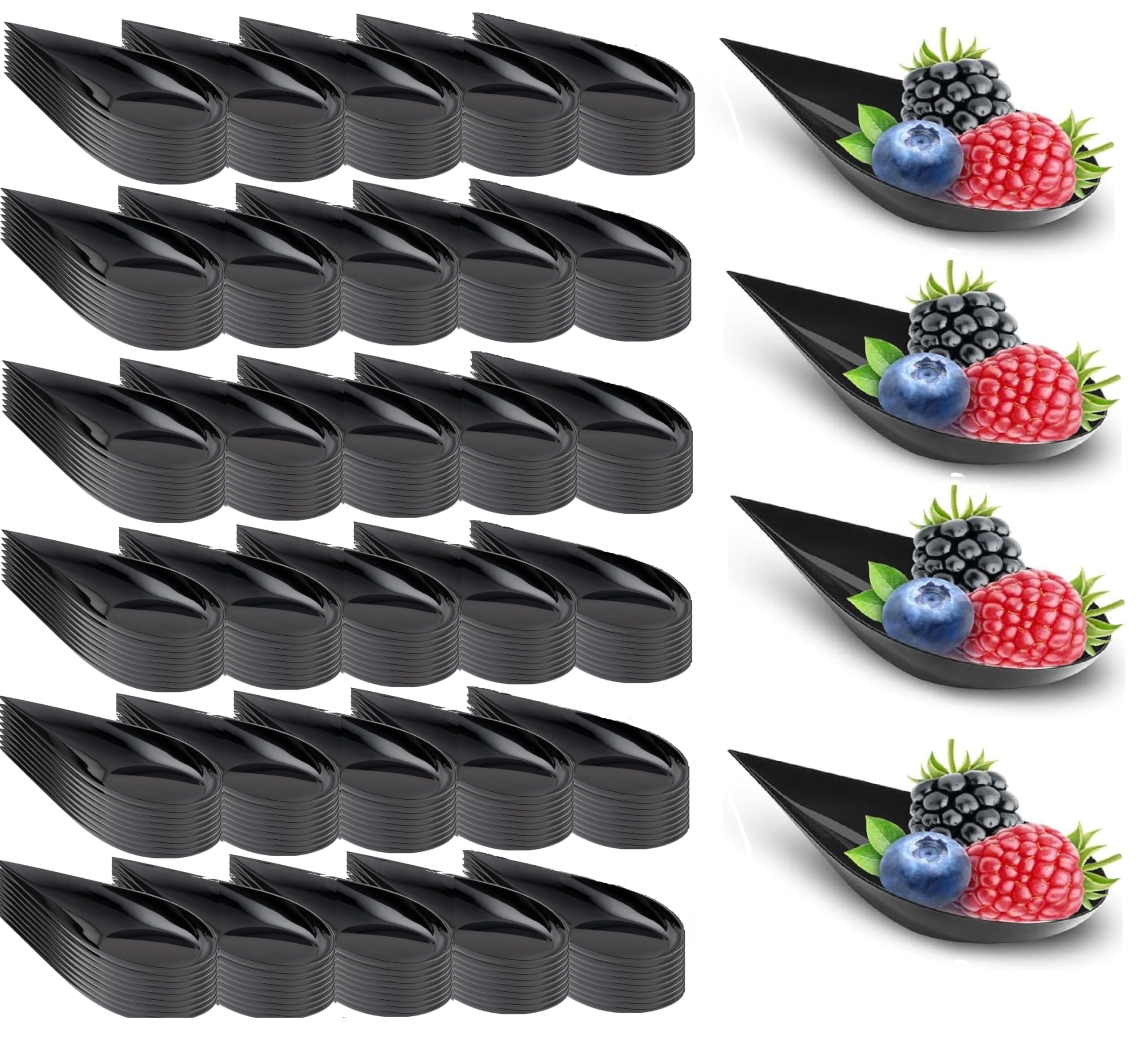 LSR Loreso 240 Count Tear Drop Appetizer Plastic Spoons, Black for Serving Desserts, Cakes, Hors d'oeuvres, Small Portion Tasting, Reusable - Black 240CT