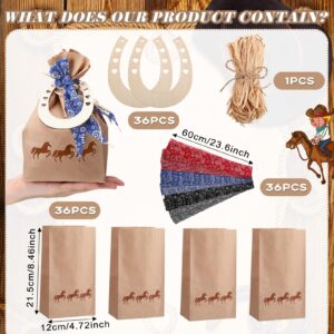 Yexiya 108 PCS Western Cowboy Gift Bags Western Party Favors With Bandana Print Ribbon and Horseshoe Pendant Western Cowboy Treat Bags for Western Cowboy Birthday Party Supplies