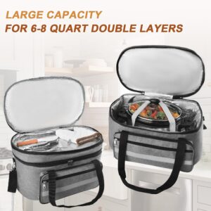 Kahami 2 Layer Slow Cooker Carrying Bag, Compatible with 6-8 Quarts Oval Crock-pot, Insulated Slow Cooker Travel Carrier with Lid Fasten Straps, Slow Cooker Bags for Family Gathering Travel, Gray