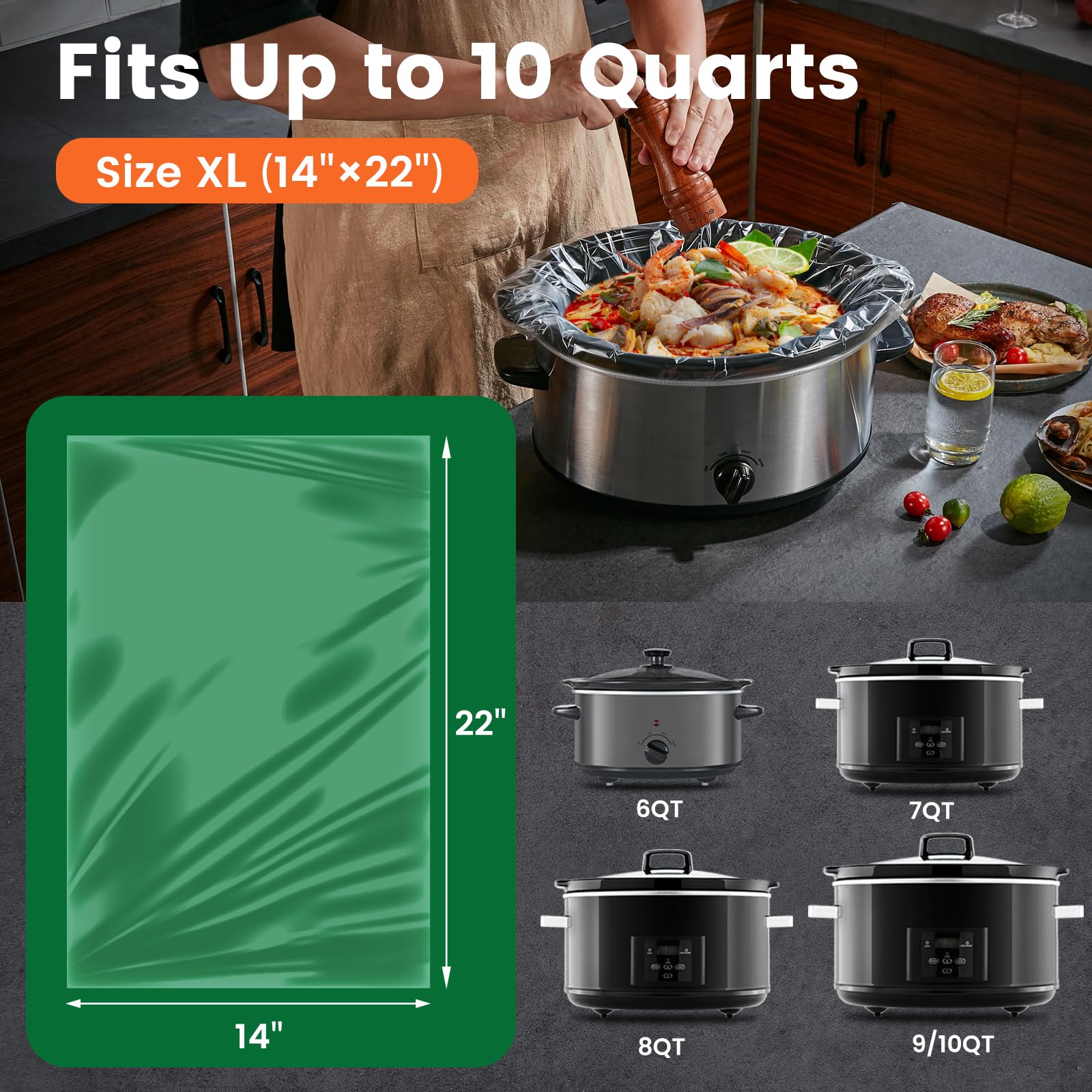 Slow Cooker Liners, Hotensil 14"x 22" 10 Count Cooking Bags Large Size Disposable Pot Liners, Fit 6QT to 10QT for Slow Cooker Cooking Trays, Multi-Purpose Durable Liners Plastic Bags, BPA Free