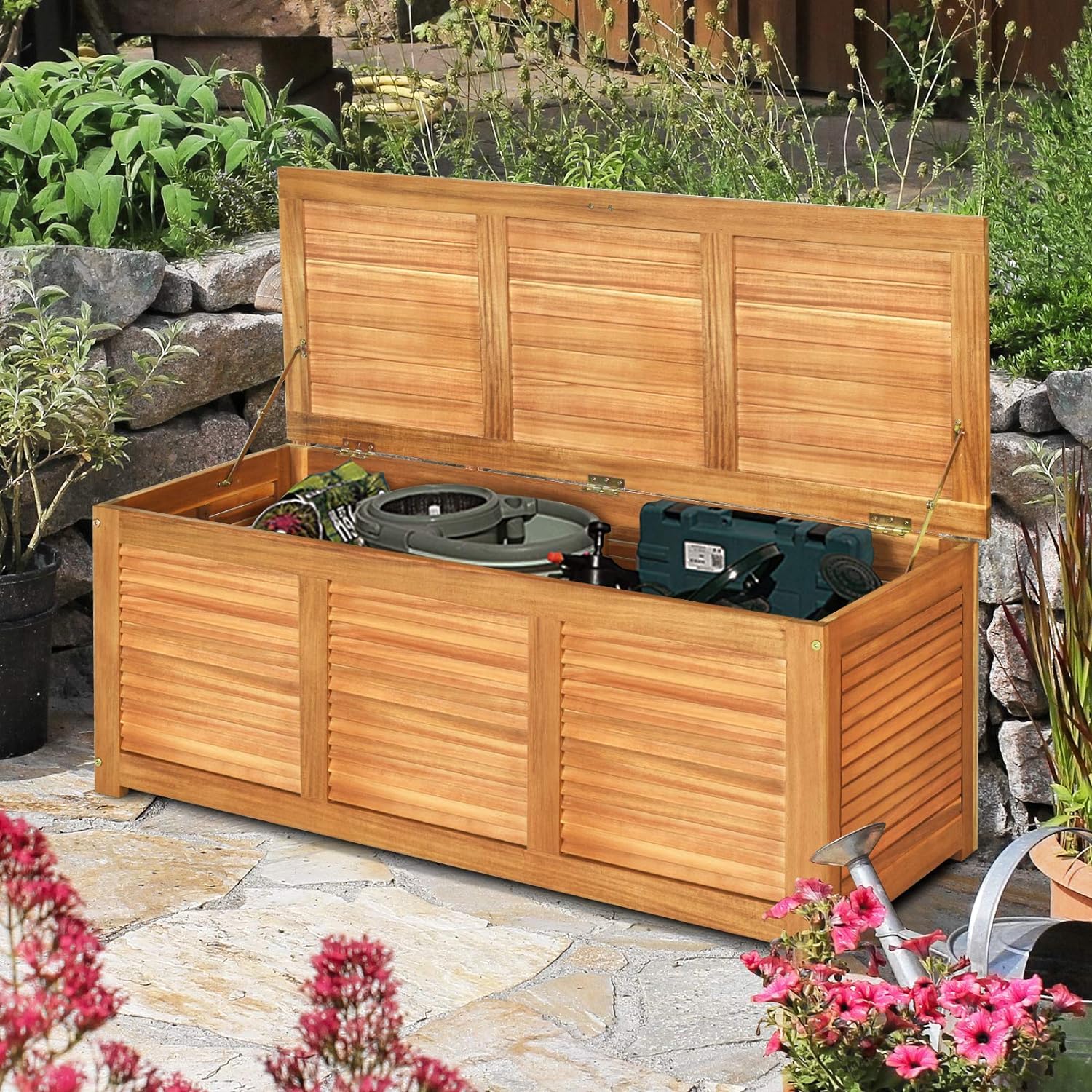 RELAX4LIFE Deck Box Acacia Wood - 47 Gallon Backyard Storage Bin Container for Patio Furniture Cushions, Pillows, Garden Tools, Pool Accessories, Wooden Porch Bench, Indoor Outdoor Storage Box