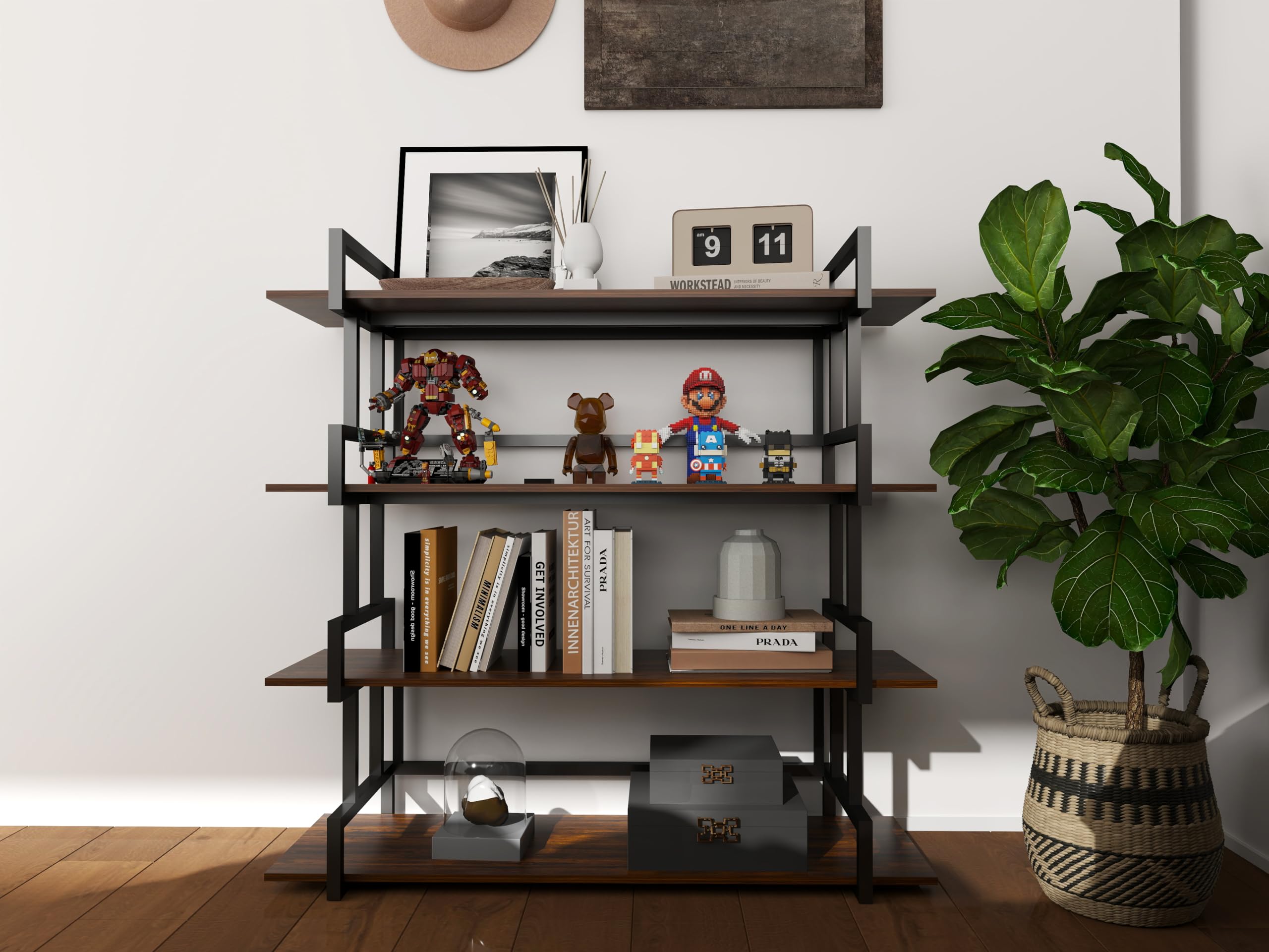 JOIN IRON 4-Tier Modern Industrial Ladder Bookshelf, Rustic Wood and Metal Shelving Unit with Ample Storage, Sturdy Display Rack for Home, Office, and Living Room Decor