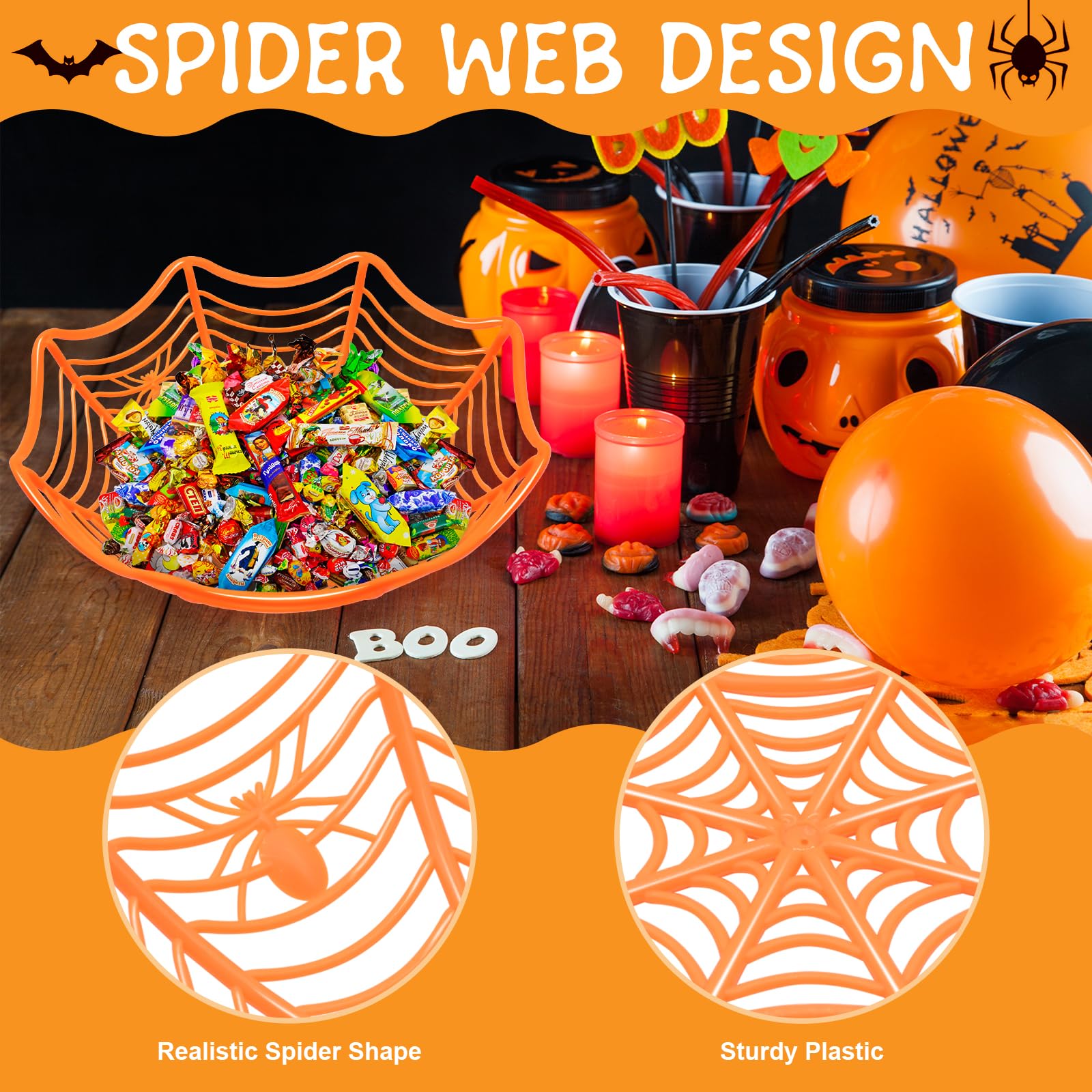 3 Pack Halloween Spider Web Candy Bowls, 11 Inch Plastic Cobweb Design Serving Bowls in Orange, Black, and Purple for Halloween Party Decor, Trick-or-Treating, Food Candy Trays, and Table Centerpieces