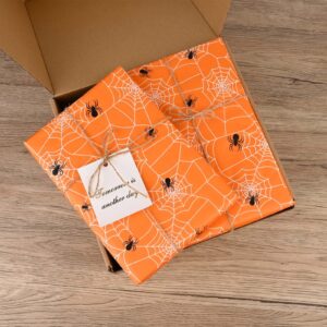 Bolsome 100 Sheets Halloween Tissue Paper for Gift Wrapping Orange Black Spider Web Printed Tissue Paper for Gift Bags Spooky Design Decorative Tissue for Halloween Party DIY Craft