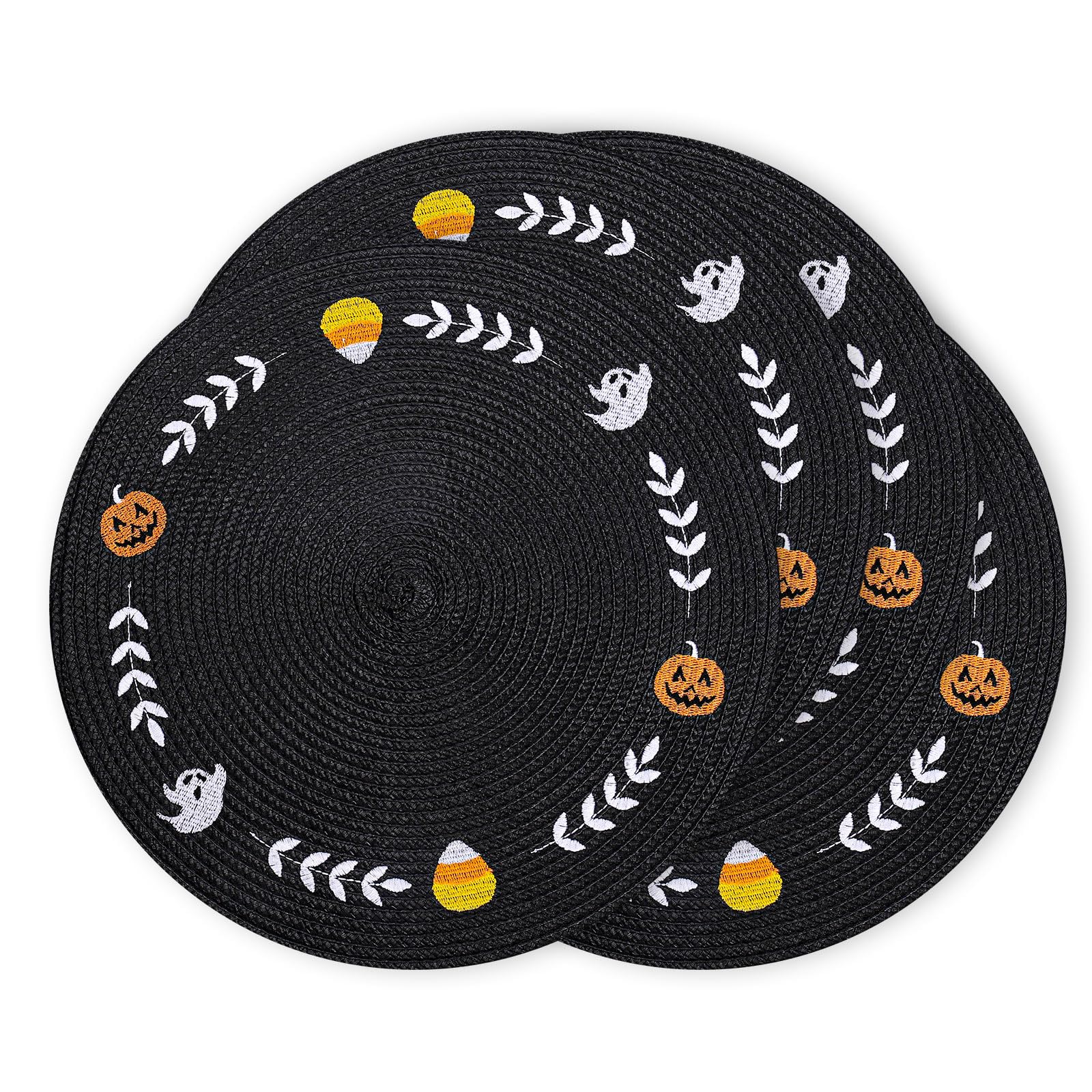 Whaline 4Pcs Round Halloween Placemats Embroidered Ghost Pumpkin Candy Corn Place Mats Black Spooky Dinner Table Mats for Halloween Party Decor