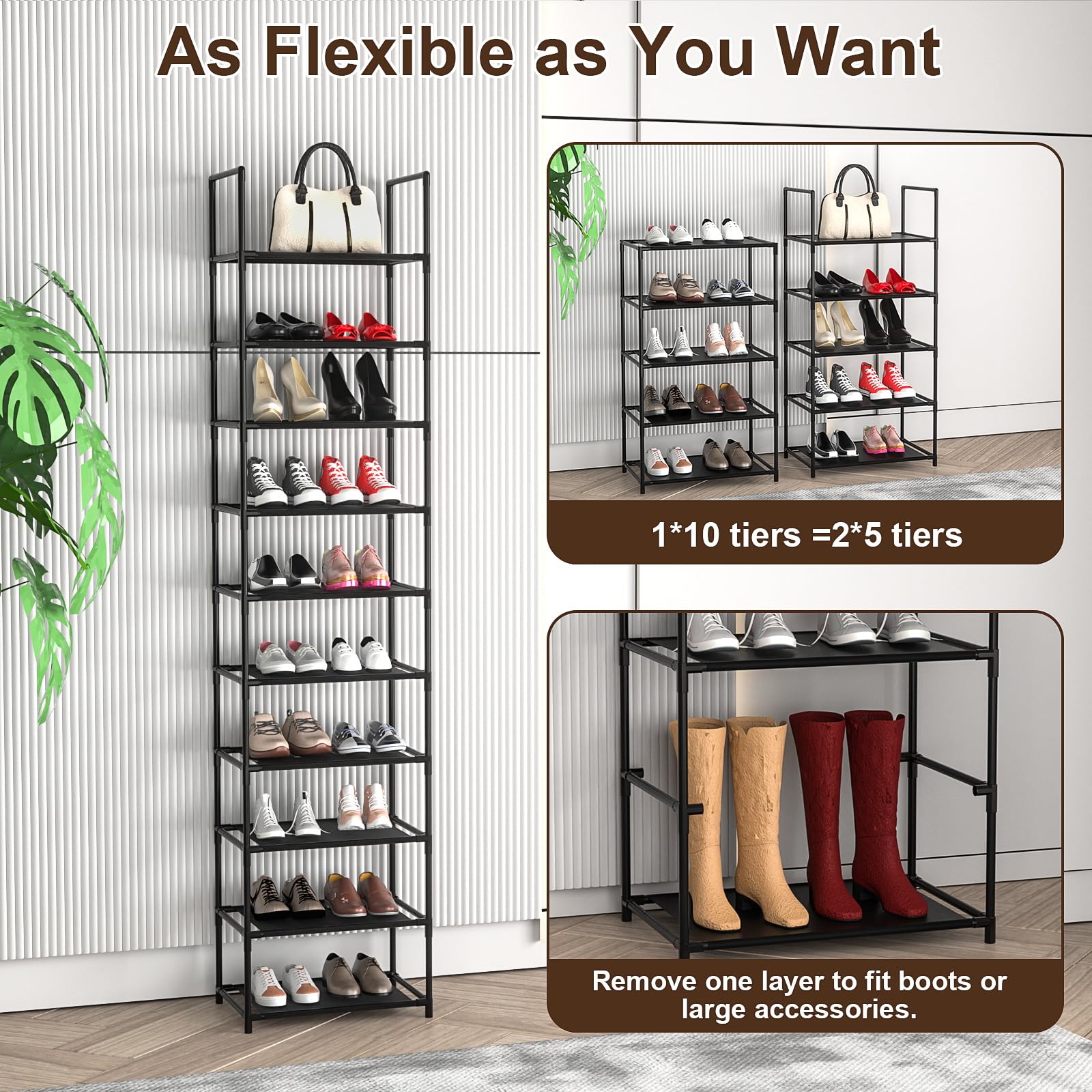 KKEETUR 10 Tier Shoe Rack, Tall Narrow Shoes Rack Storage Organizer 20-25 Pairs Boots Space Saving, Stackable Sturdy Metal Shoe Shelf for Closet, Entryway, Garage, Black