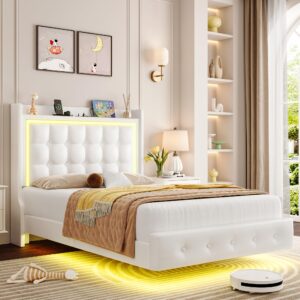 keyluv upholstered twin floating bed frame with led lights and charging station, pu leather platform bed with button tufted storage headboard, type-c & usb charging ports, no box spring needed, white