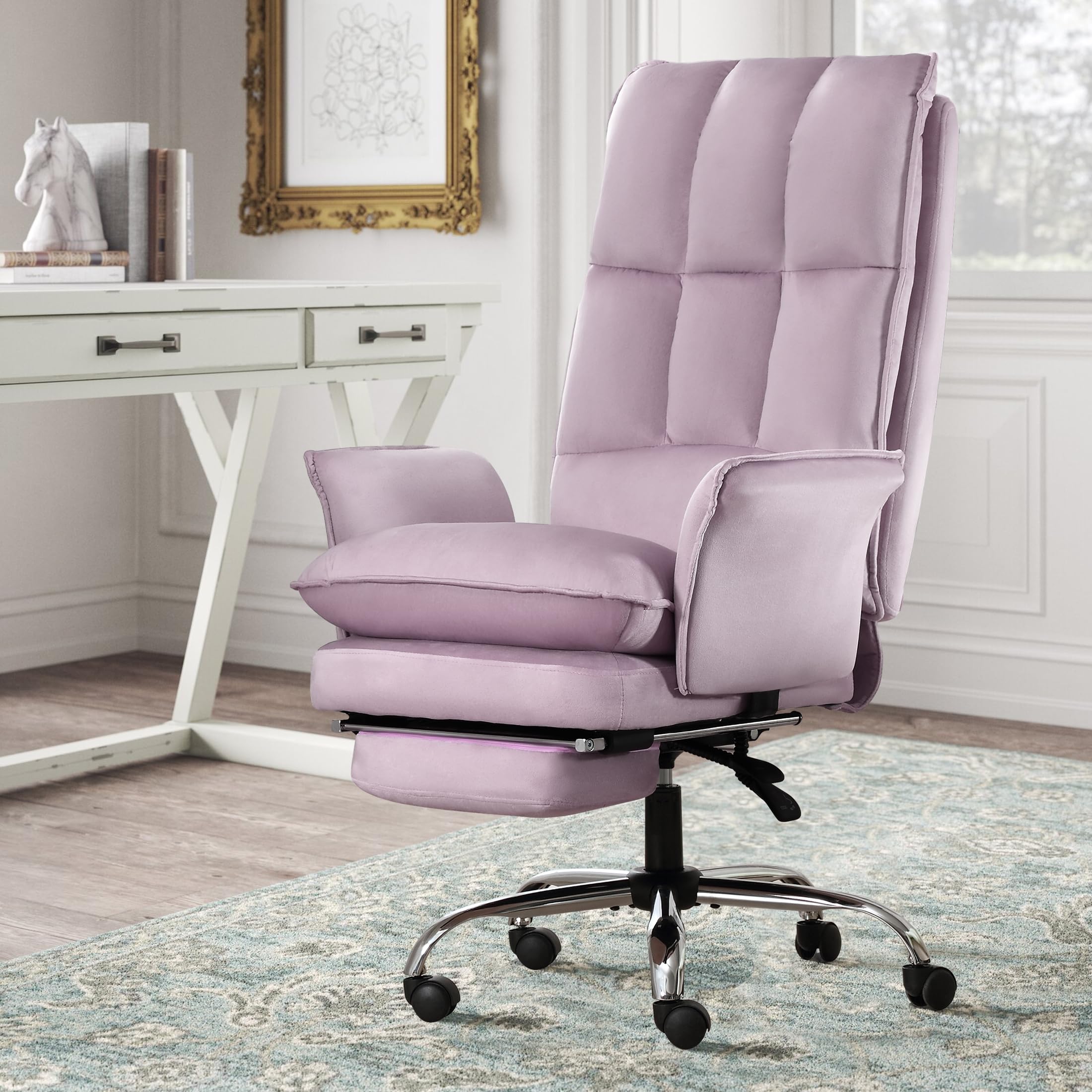 BOSMILLER Office Chair, Modern Home Office Desk Chairs with Wheels and Retractable Footrest, Adjustable Backrest Velvet High Back Office Chair, Computer Chairs for Bedroom (Light Purple)