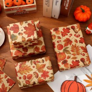 JarThenaAMCS 12 Sheets Fall Kraft Wrapping Paper - Not Roll - Maple Leaves Pumpkin Mushroom Gift Wrap Paper Folded Flat for DIY Craft Autumn Thanksgiving Harvest Party, 19.7 x 27.6 Inch